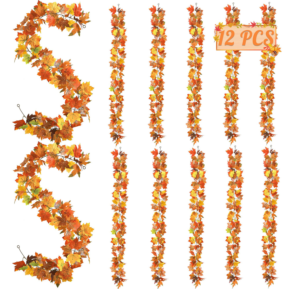 12 PCS Fall Decor, 70.8FT Fall Decorations for Home, Fall Garland for Mantle, Realistic Fall Leaves Garland for Thanksgiving Gar
