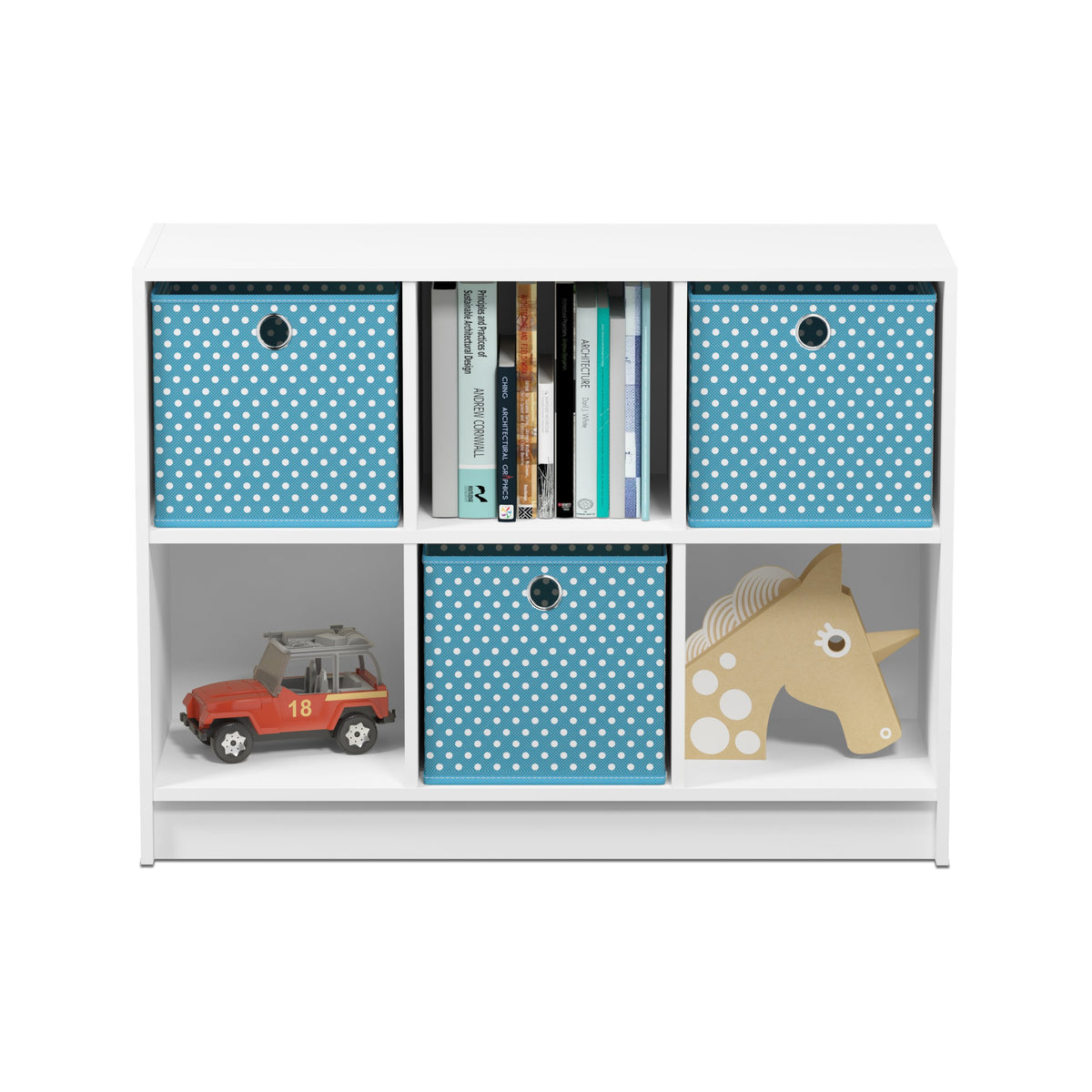 Furinno Basic 3x2 Cube Storage Bookcase Organizer with Bins, White/Light Blue