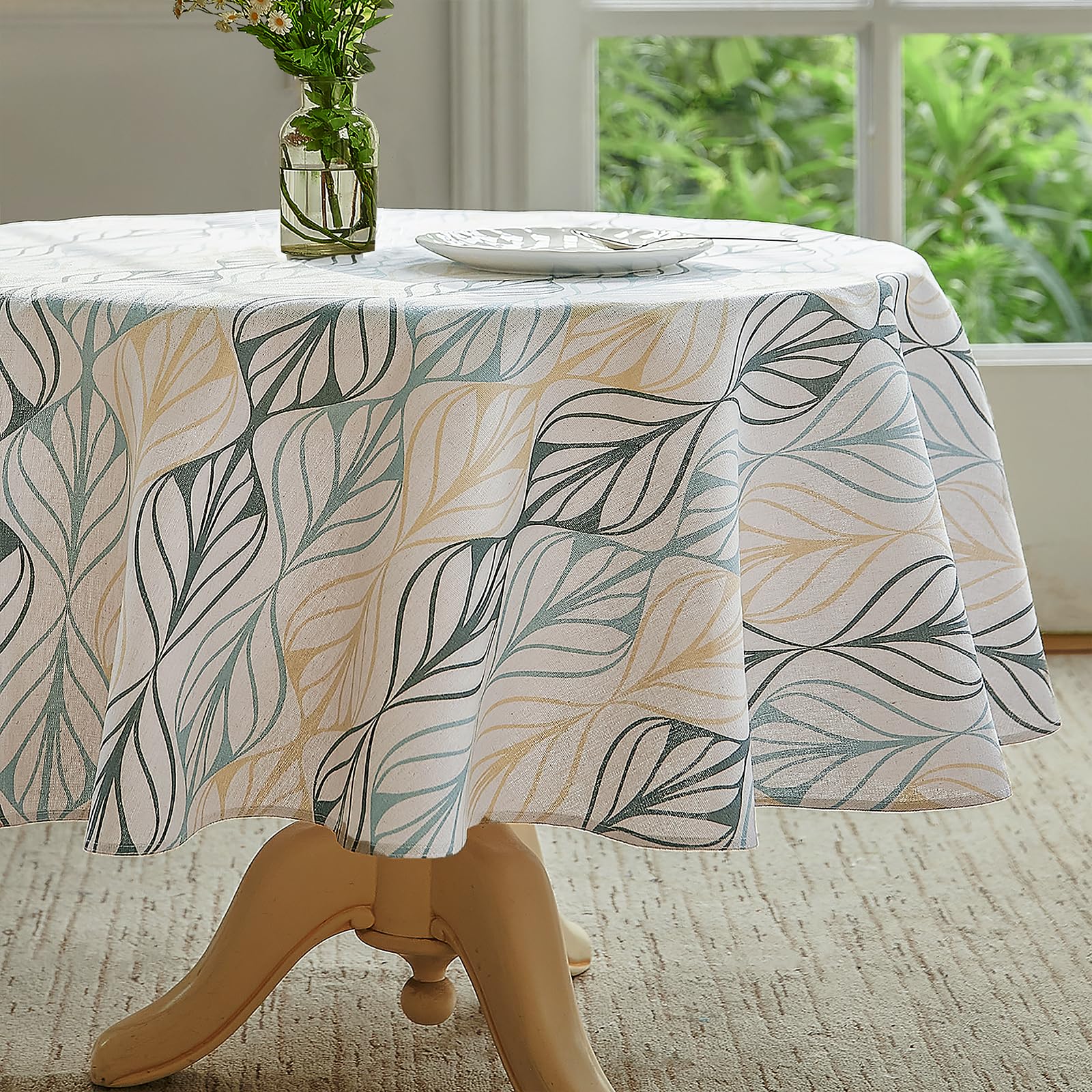 Wracra Stripe Leaves Tablecloth Cotton Linen Vintage 47 Inch Round Table Cloth Indoor Outdoor Table Cover Suitable For Party,Pic
