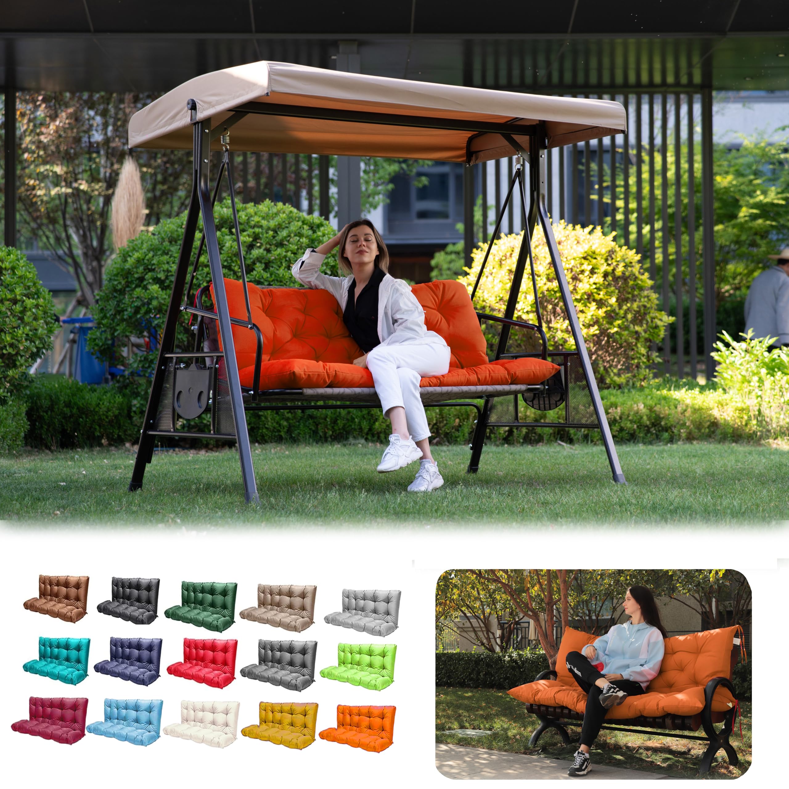 Lcyy.Tg Outdoor Swing Cushions, Porch Swing Replacement Seat Cushions With Backrest, 3 Seat Swing Cushion Bench Pad Cushions, Fo