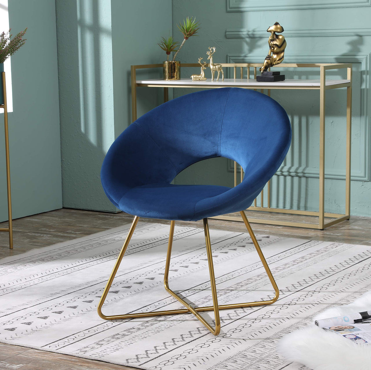 Roundhill Furniture Slatina Silky Velvet Upholstered Accent Chair With Gold Tone Finished Base, Blue