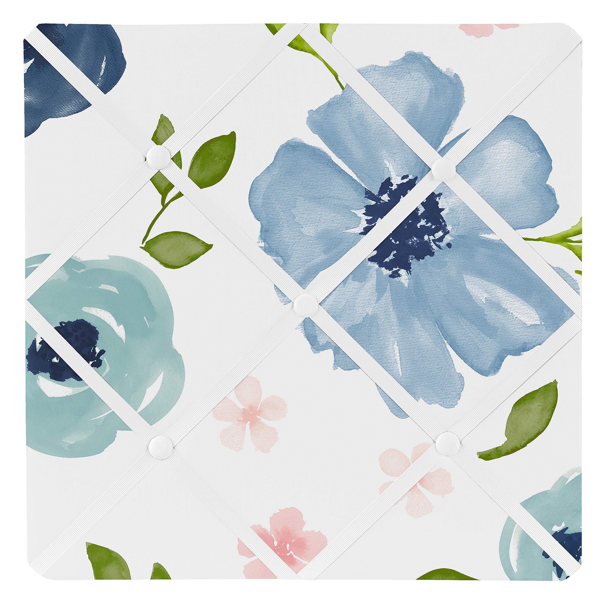 Sweet Jojo Designs Navy Blue and Pink Watercolor Floral Fabric Memory Memo Photo Bulletin Board - Blush, Green and White Shabby 