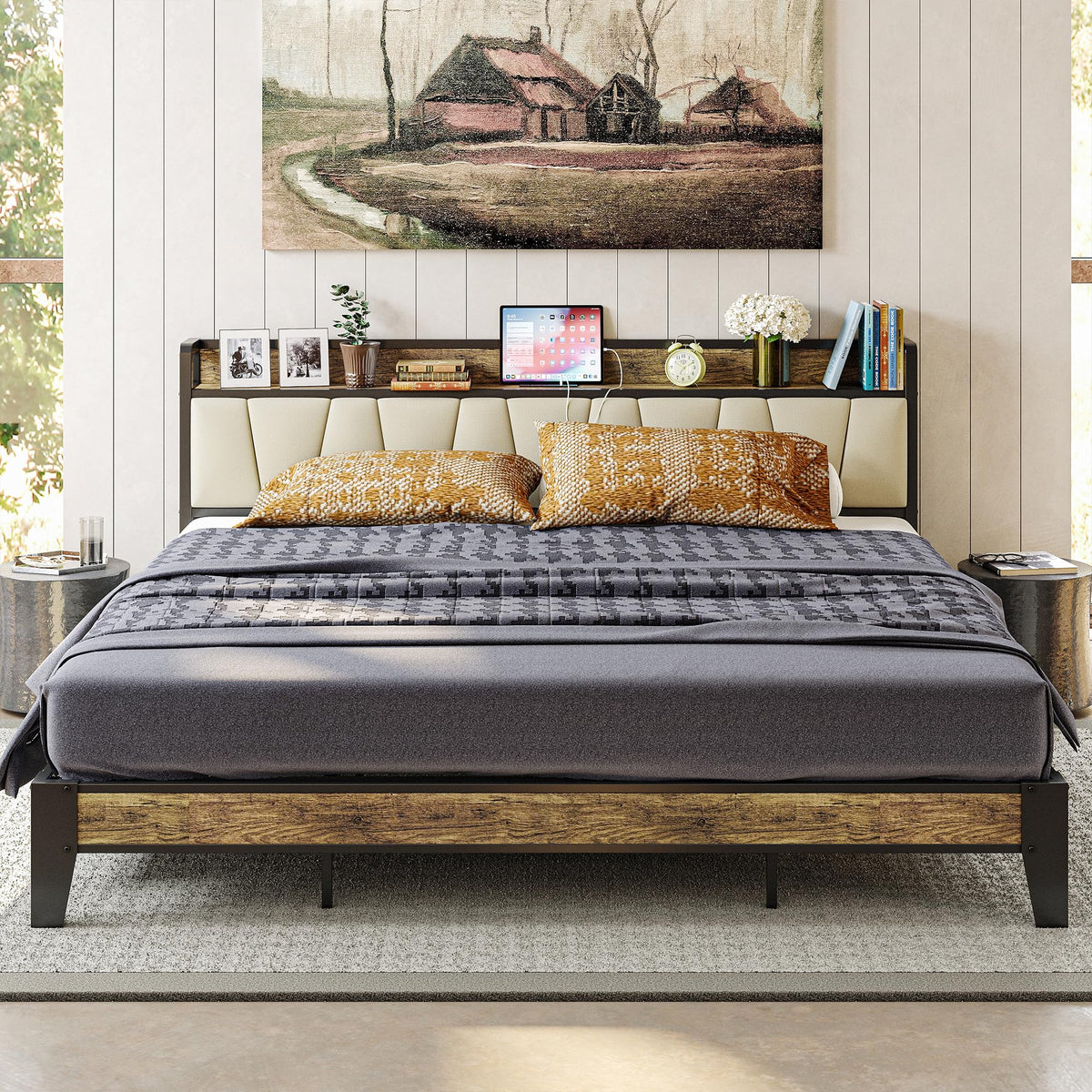 LIKIMIO King Bed Frame, Storage Headboard with Charging Station, Solid and Stable, Noise Free, No Box Spring Needed, Easy Assemb