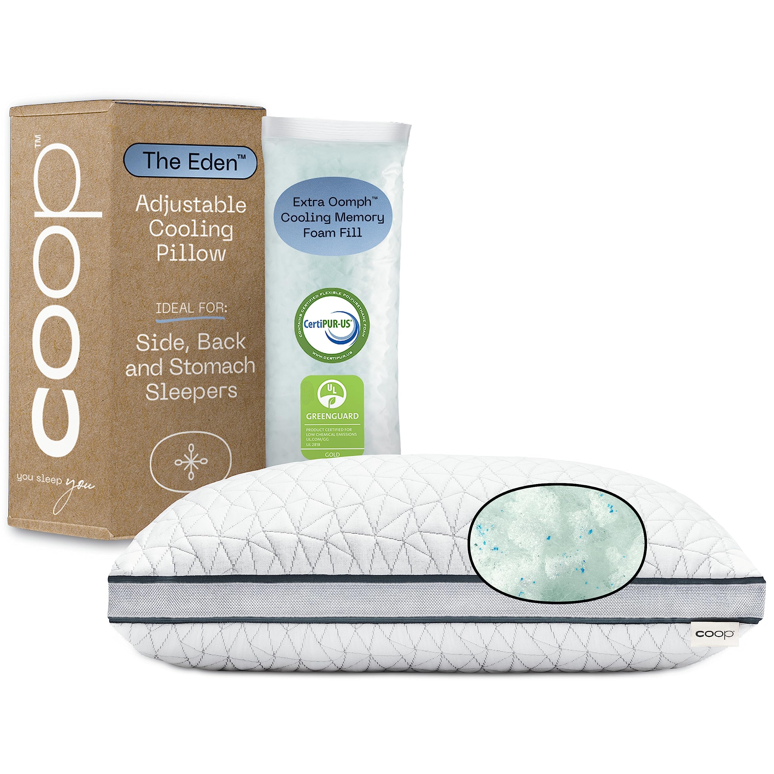 Coop Home Goods Eden Bed Pillow Queen Size For Sleeping On Back, Stomach And Side Sleeper- Medium Soft Memory Foam Cooling Gel -
