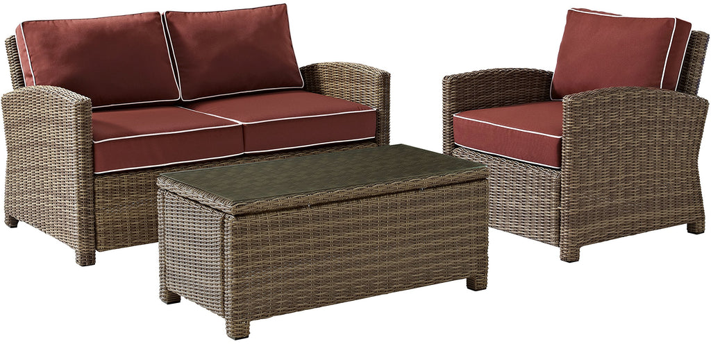 Crosley Furniture Bradenton 3-Piece Outdoor Loveseat Patio Furniture Set, Wicker Conversation Sets for Porch, Brown with Sangria Cushions