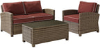 Crosley Furniture Bradenton 3-Piece Outdoor Loveseat Patio Furniture Set, Wicker Conversation Sets for Porch, Brown with Sangria Cushions