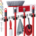 EFFEKTIVTOOLS Mop and Broom Holder Wall Mount - Self-Adhesive Stainless Steel broom hanger organizer - 4 Clamps, 3 Hooks, 5 Towe