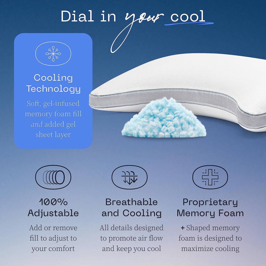 Coop Home Goods Eden Cool+ Crescent Adjustable Pillow, King Size Plus Shaped Memory Foam Pillows With Cooling Gel, Neck Support,