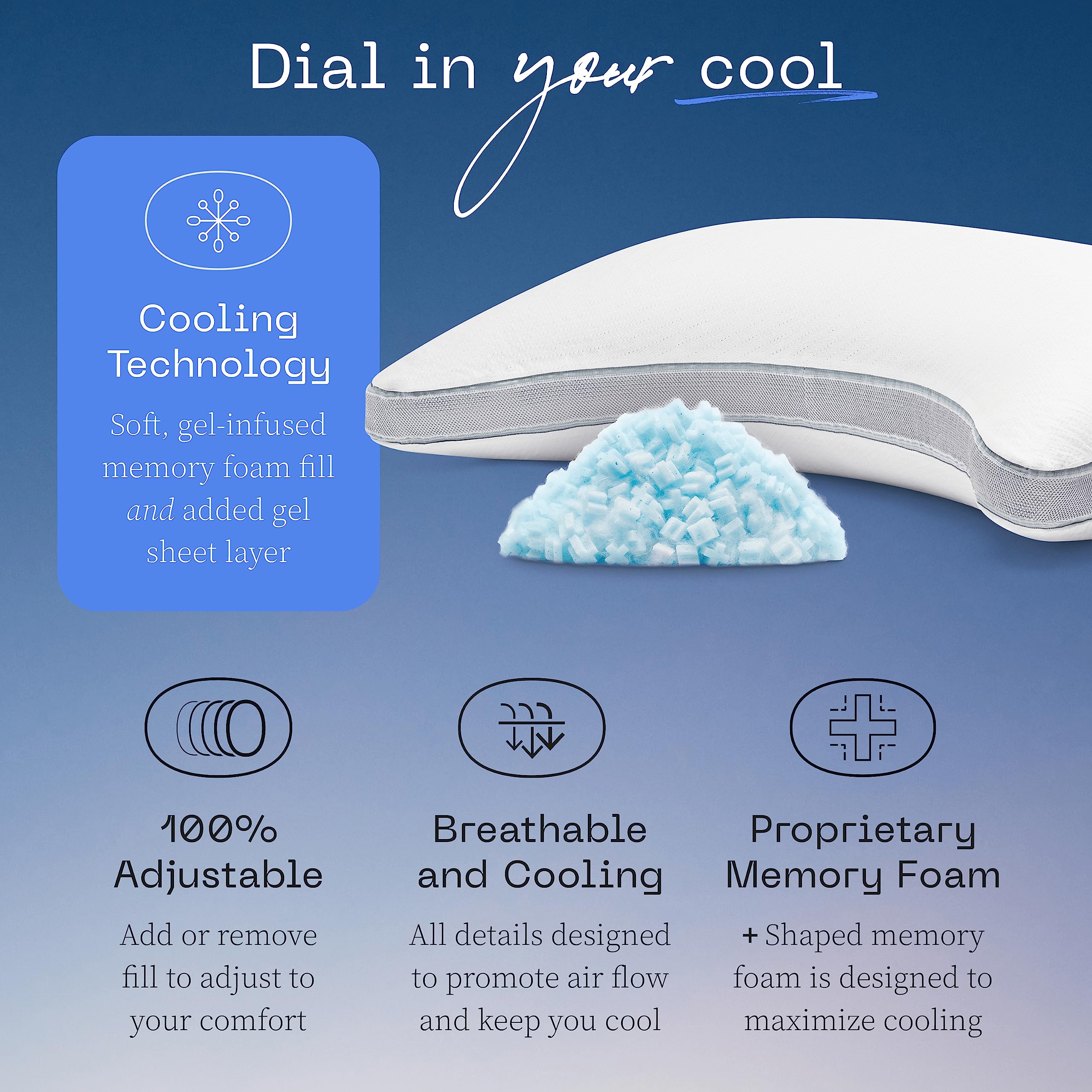 Coop Home Goods Eden Cool+ Crescent Adjustable Pillow, King Size Plus Shaped Memory Foam Pillows With Cooling Gel, Neck Support,