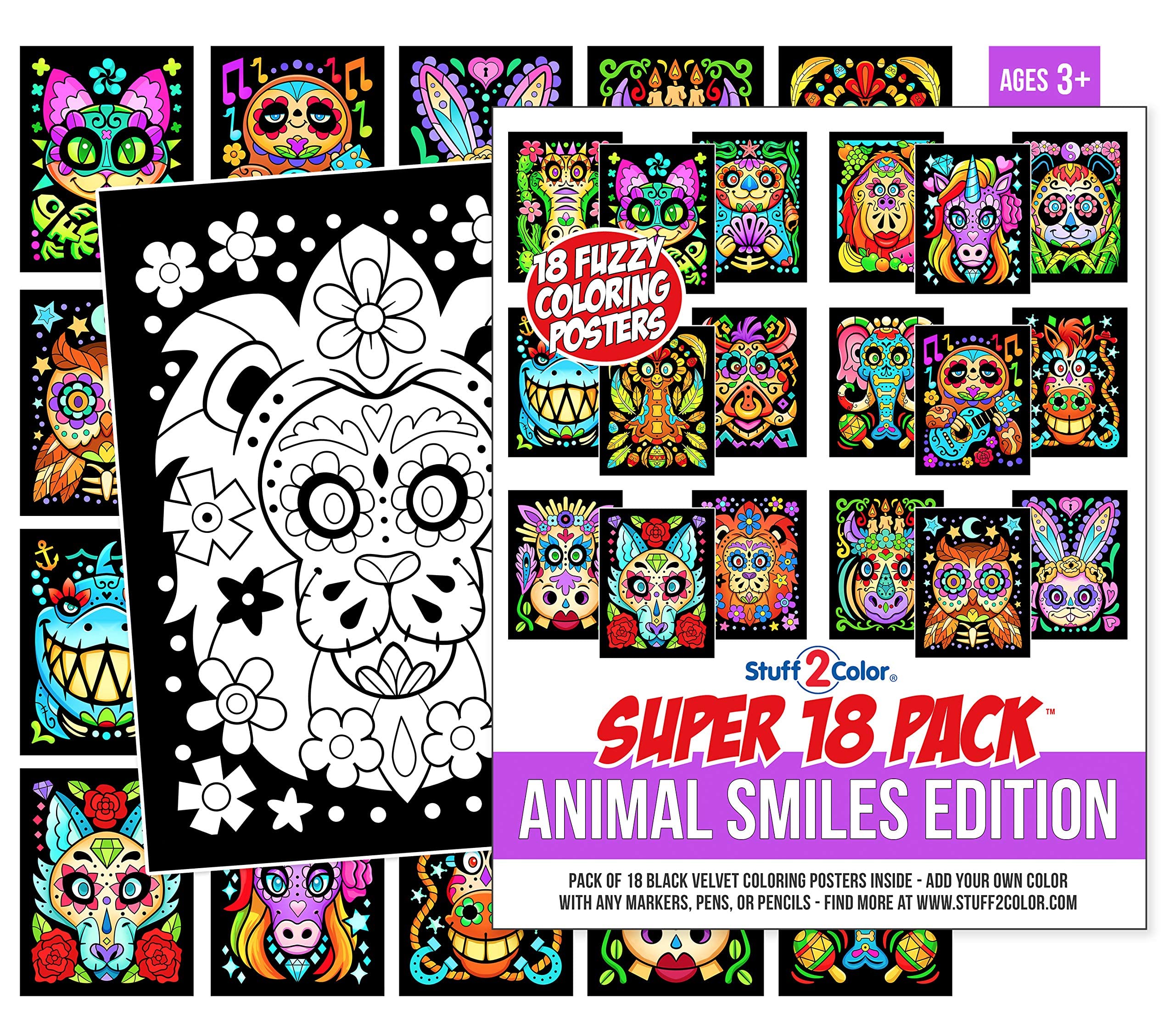 Stuff2Color Super Pack of 18 Fuzzy Velvet Coloring Posters (Animal Smiles) - Arts & Crafts for Girls and Boys - Great for After 