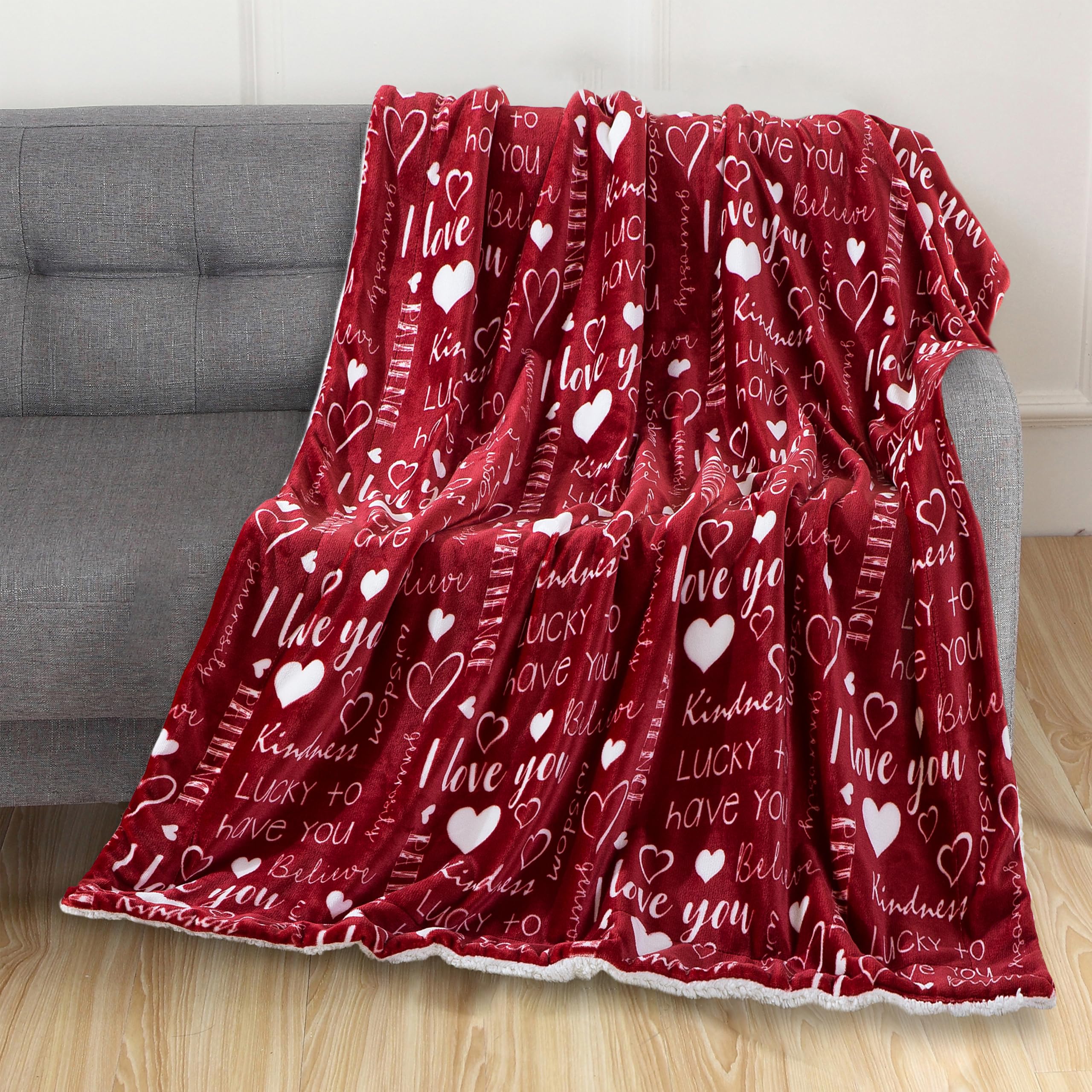 Elegant Comfort Valentine's Day Sherpa Fleece Throw Blanket for Couch - Soft and Warm Sherpa Backing Reversible Red Hearts Blank