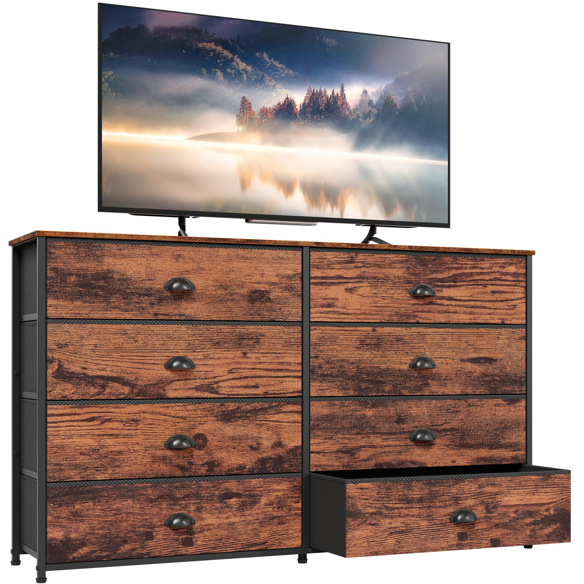 Furnulem Long Dresser for Bedroom, TV Stand for 55   TV, Wide Storage Drawer Unit with 8 Fabric Bins, Double Dresser for Bedro