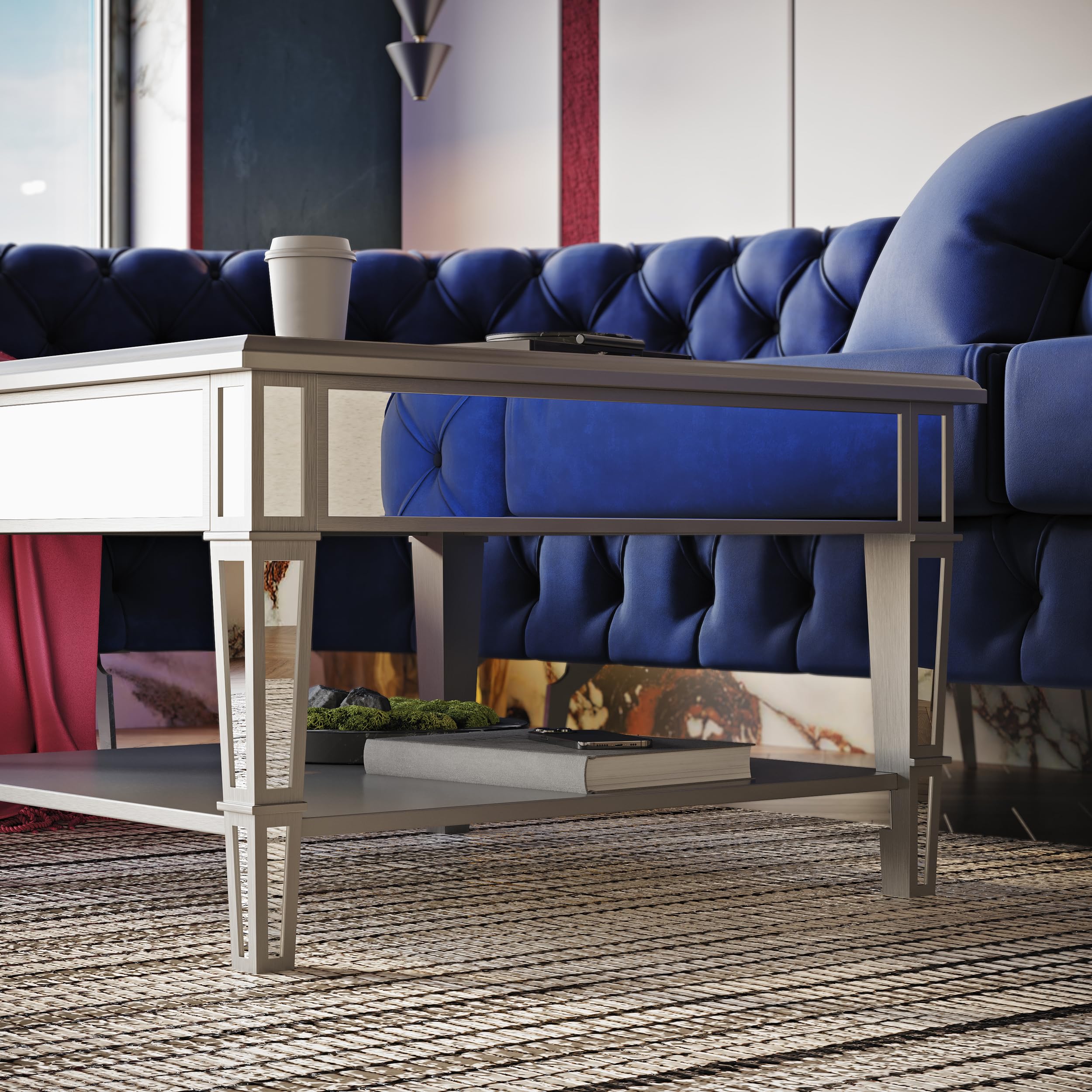 SEI Furniture Wedlyn Square Mirrored Coffee Table, Silver, Wood