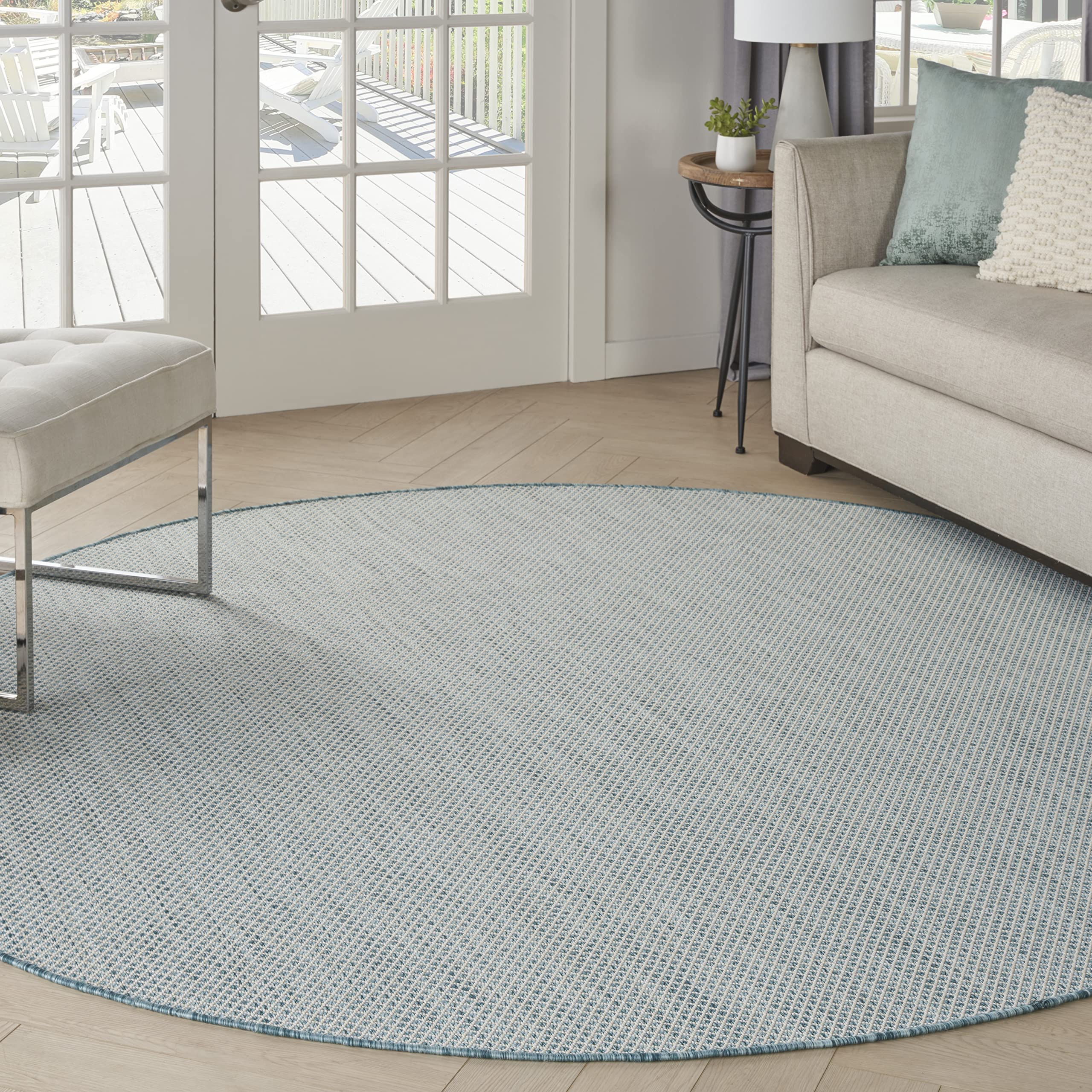 Nourison Home Courtyard Ivory Aqua 8' x Round Area Rug - Easy Clean, Non Shedding, Bed Room, Living Room, Dining Room, Kitchen (