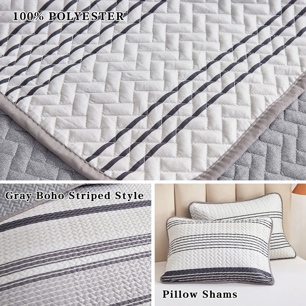 Flysheep Grey Boho Quilt Set Full Queen Size, 3 Pcs Gray Black And Navy Striped Bedspread, Soft Microfiber Modern Coverlet For A