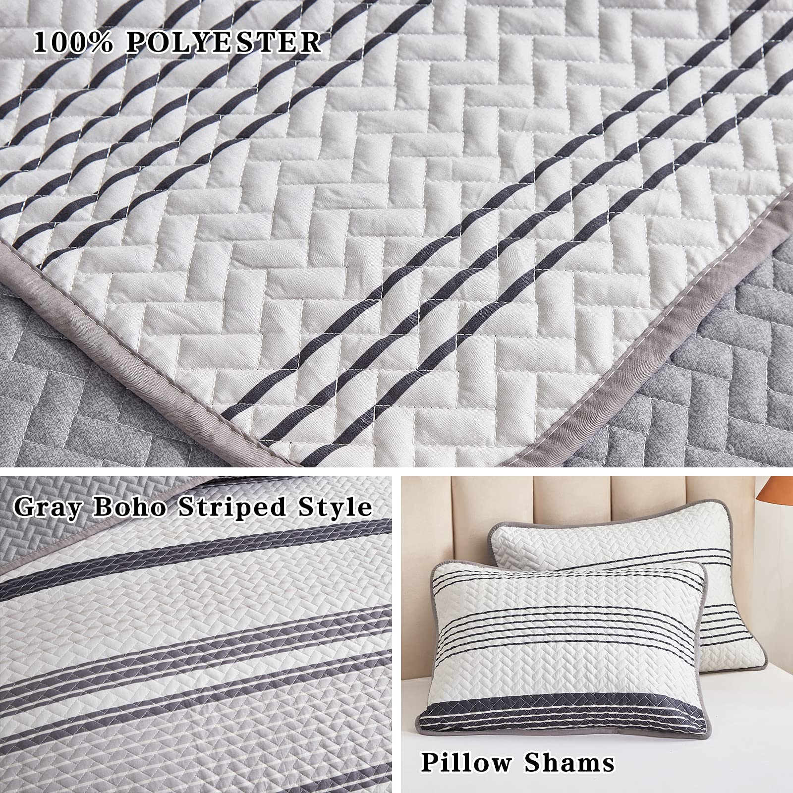 Flysheep Grey Boho Quilt Set Full Queen Size, 3 Pcs Gray Black And Navy Striped Bedspread, Soft Microfiber Modern Coverlet For A