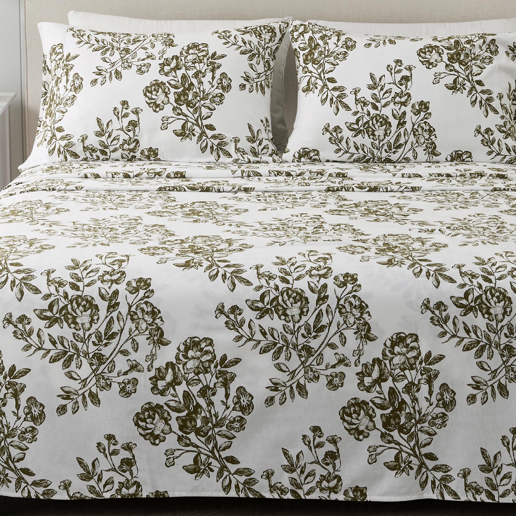 4 Piece 100% Turkish Cotton Full Green Printed Flannel Sheets Set | Deep Pocket, Soft Sheets | Warm, Double Brushed Bed Sheets |