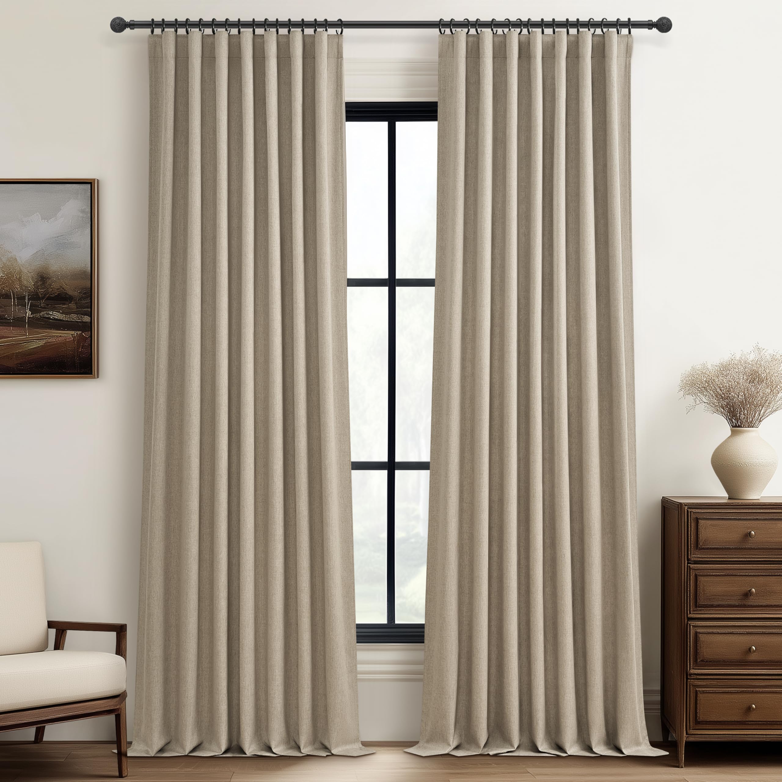 Pleat Linen Blend Room Darkening Extra Long Curtains 132 Inch Length 2 Panels Set for Living Room, Grey Beige for Bedroom Large 