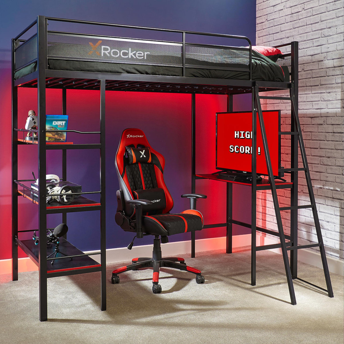 X Rocker Fortress Gaming Bunk Bed, Durable Metal Frame with Built-In Desk, 3 Shelves, 2112101, 77.64 x 59.17 x 72.05, Twin, Blac