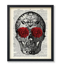 Poster Master Dictionary Art Poster - Flowery Eyes Skull Print - Skeleton Art - Flower Art - Red Rose Art - Gift for Him, Her - 