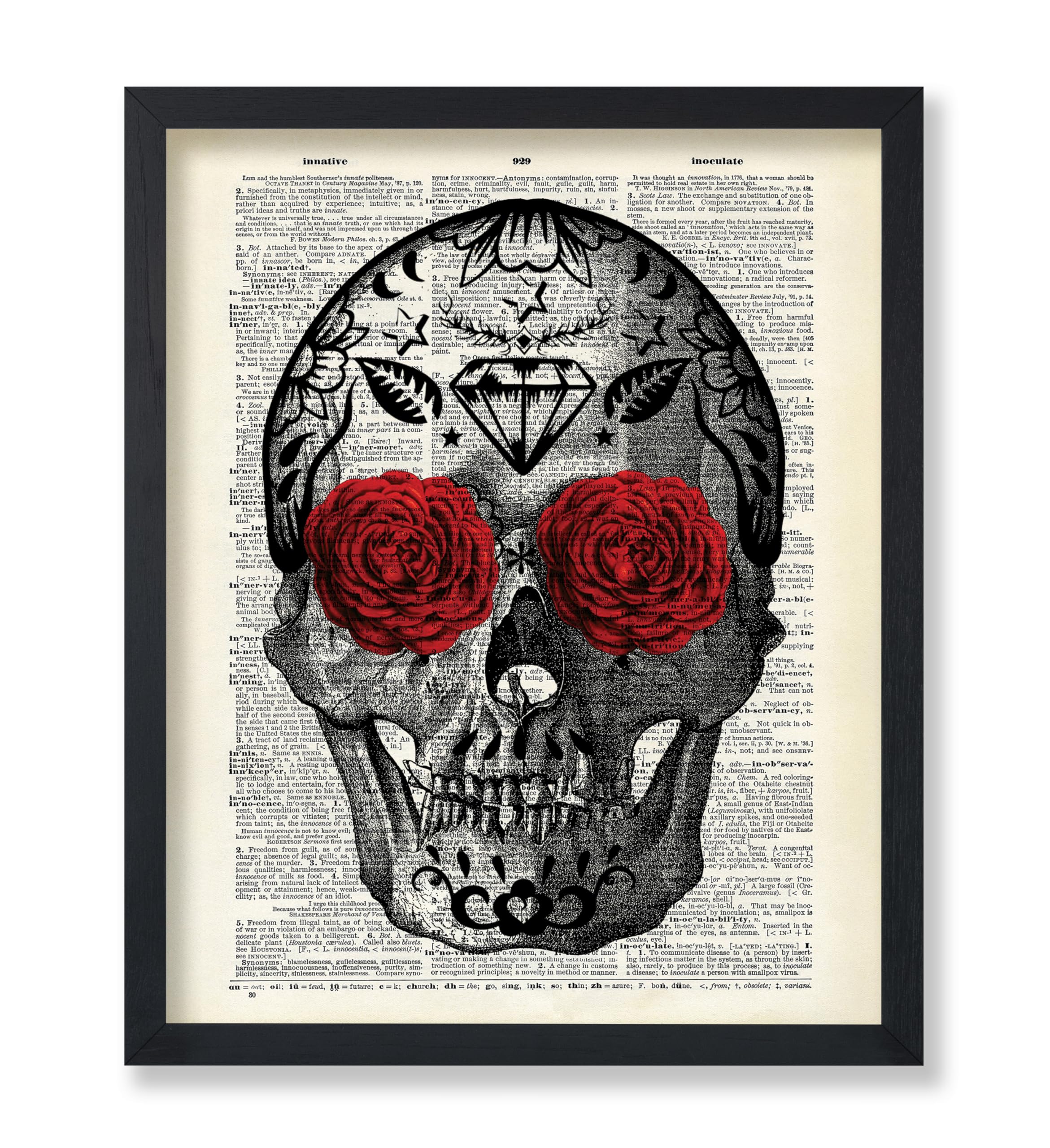 Poster Master Dictionary Art Poster - Flowery Eyes Skull Print - Skeleton Art - Flower Art - Red Rose Art - Gift for Him, Her - 