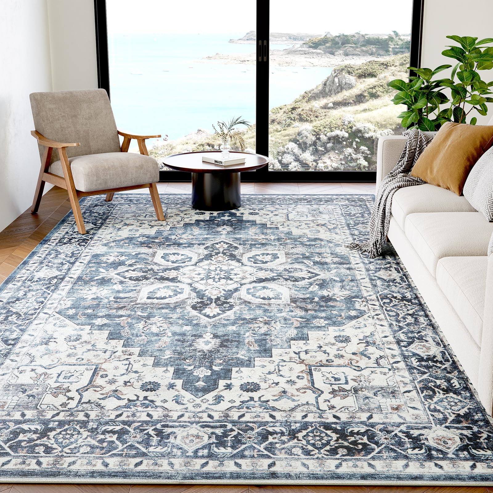 AMADA HOMEFURNISHING 5x7 Area Rugs, Washable Living Room Rug Low-Profile with Non-Slip Backing & Durable Edge Binding, Vintage 5