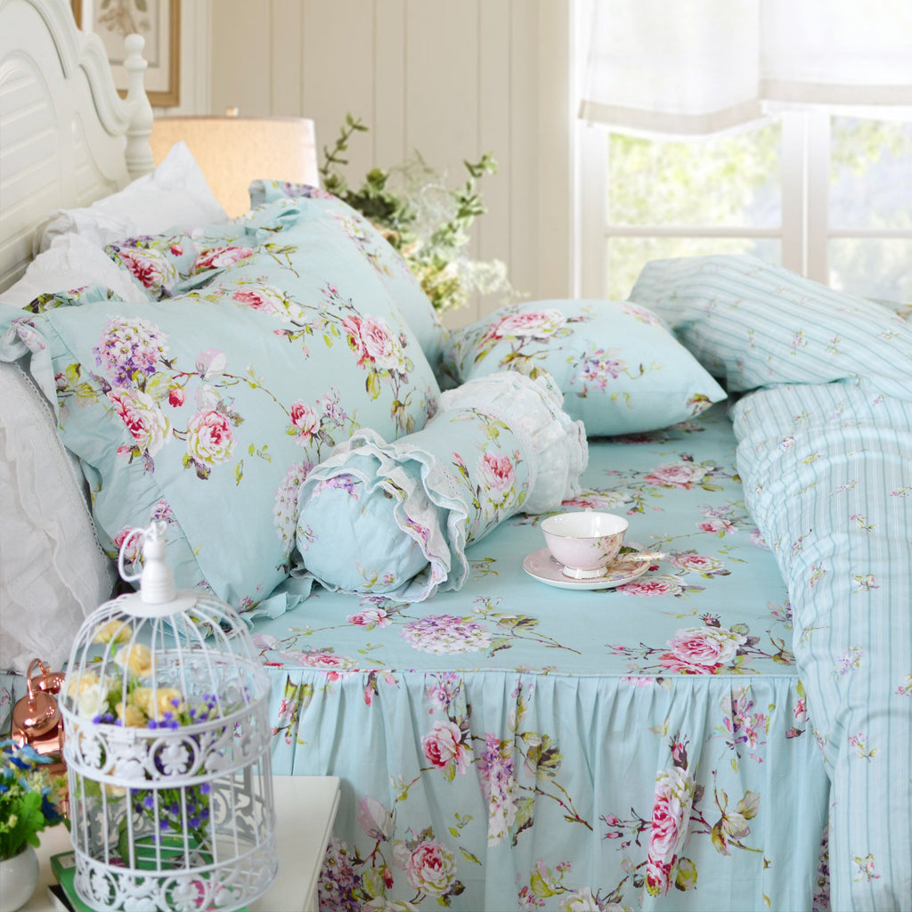 FADFAY Shabby Floarl Cotton Bedding Set Queen 4-Pieces Light Blue Hydrangea Print Duvet Cover Set with Bedskirt French Country S