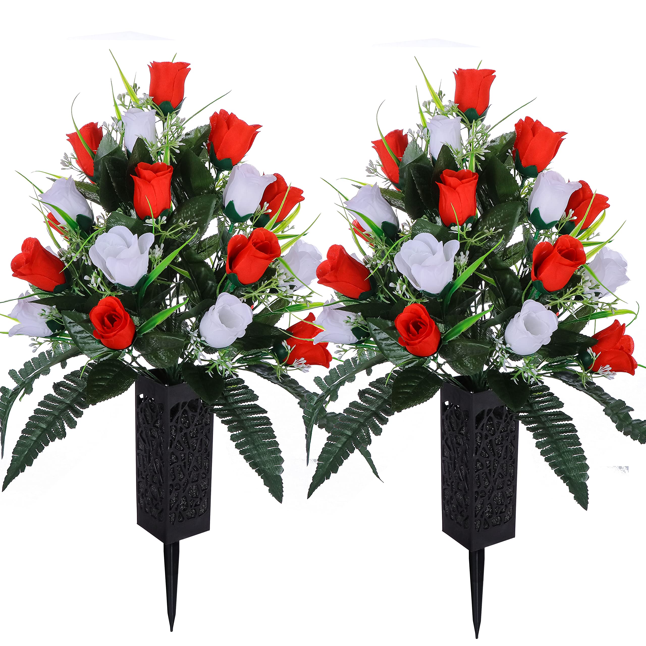 LVXINLI 2 Sets Artificial Cemetery Flowers,Outdoor Grave Decorations Roses,Beautiful Arrangements Bouquet with Cemetery Vase,Las