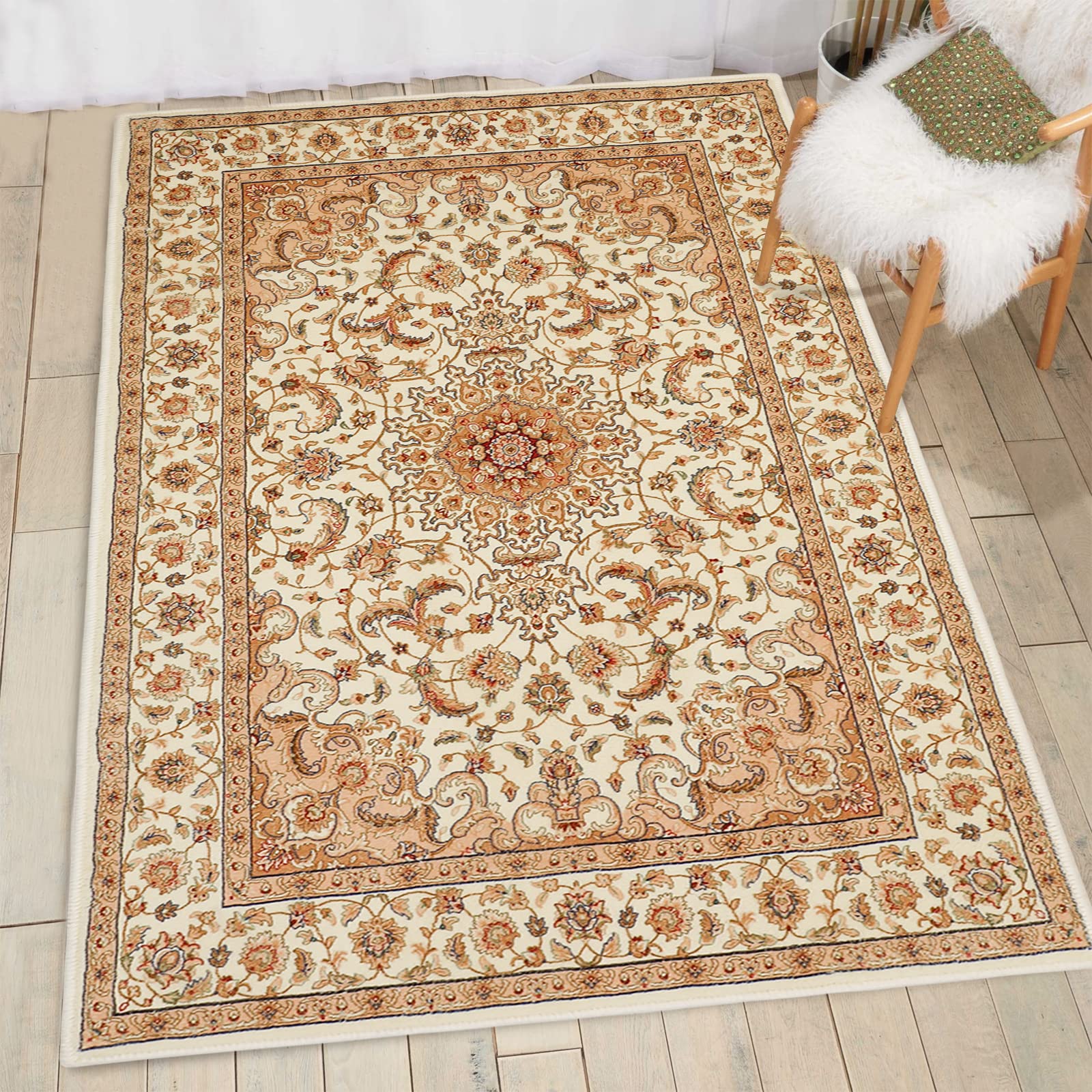 COMSLE Boho Area Rug, 3 x 5 Machine Washable Rugs for Entryway Faux Wool Large Rugs Distressed Throw Rug Non-Slip Floor Carpet