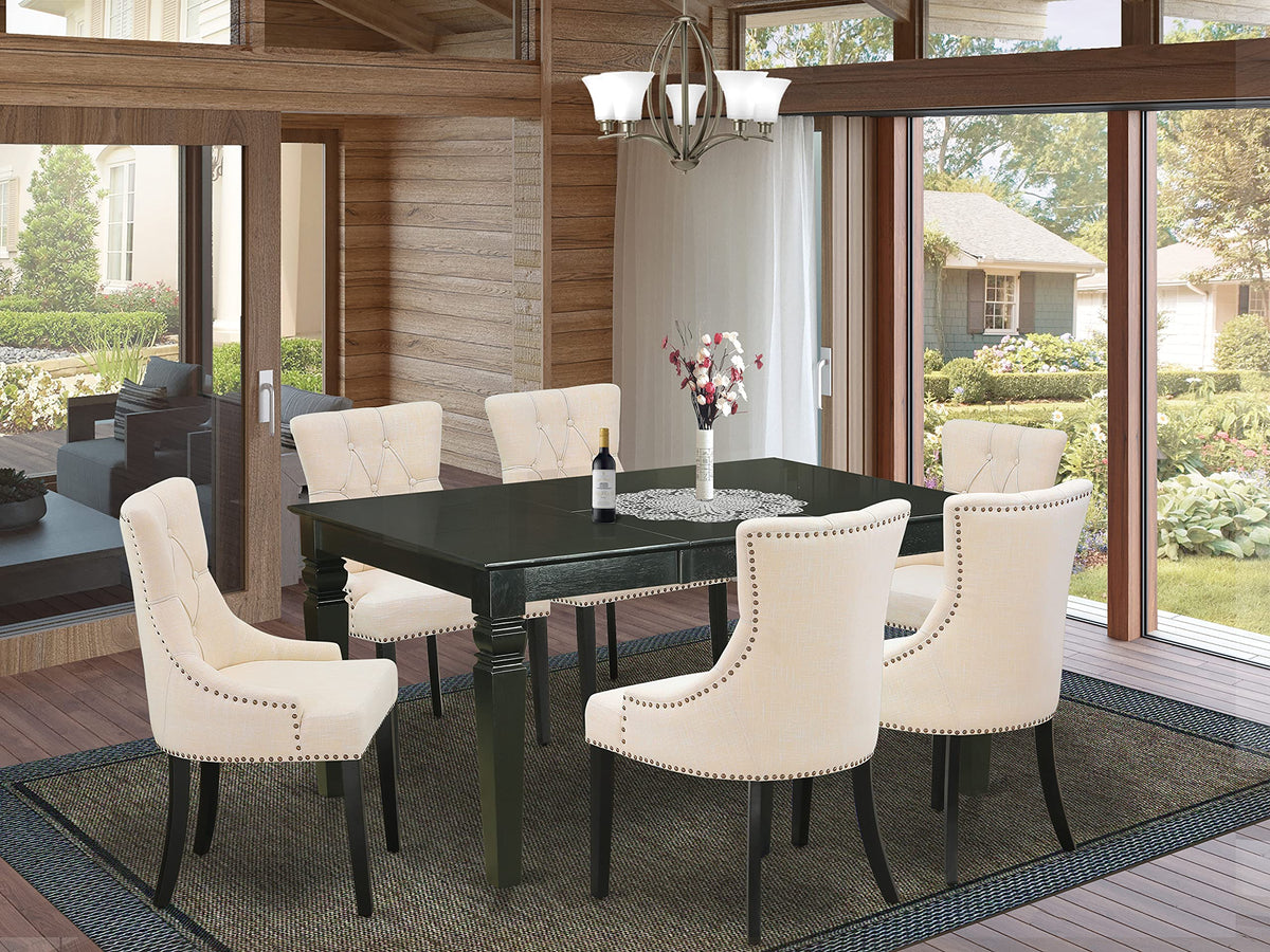 East West Furniture Wefr7-Blk-02 7 Piece Dinette Set Consist Of A Rectangle Dining Room Table With Butterfly Leaf And 6 Light Beige Linen Fabric Upholstered Chairs, 42X60 Inch, Black