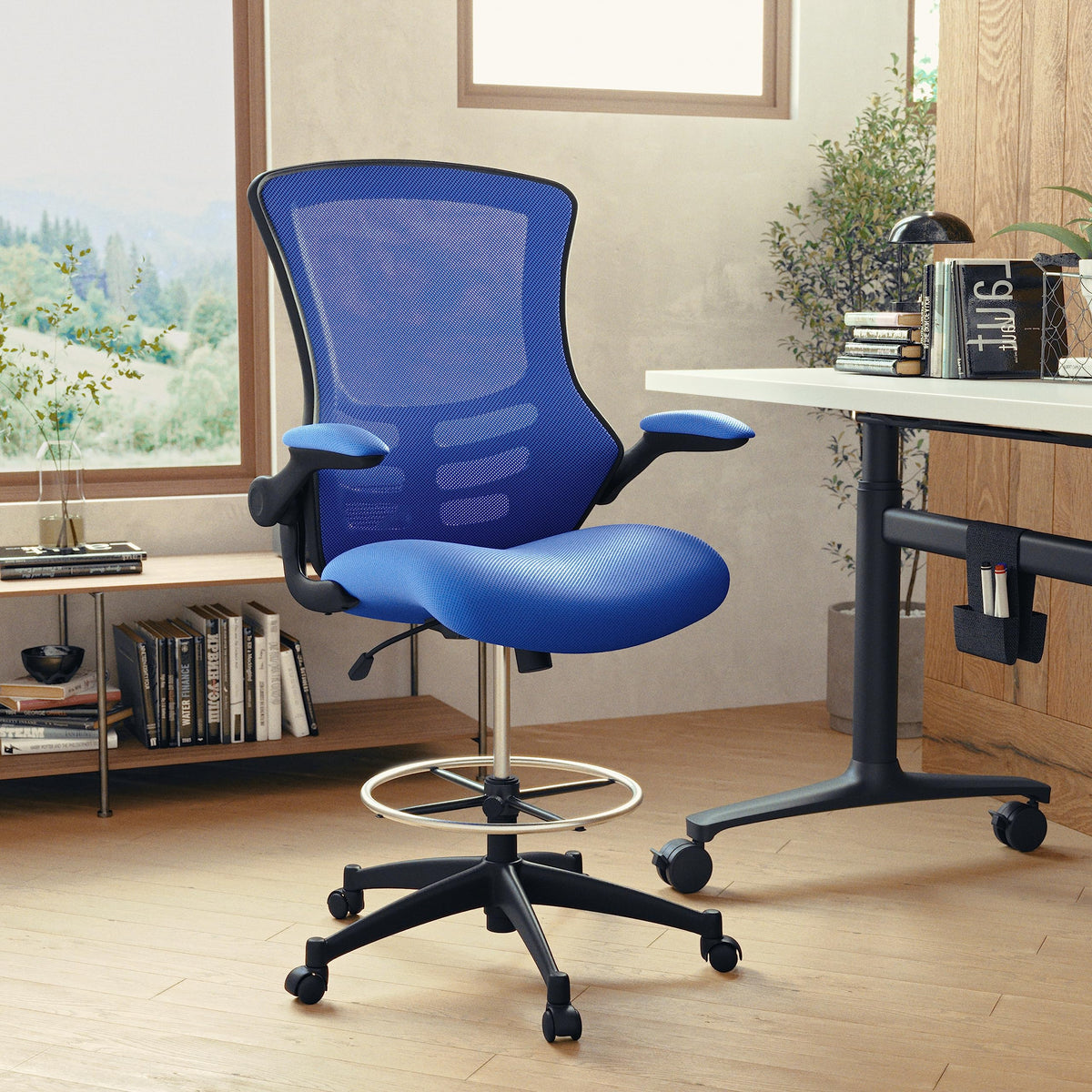 Flash Furniture Kelista Mid-Back Swivel Office Chair with Adjustable Seat Height, Ergonomic Mesh Desk Chair with Flip-Up Armrests, Blue