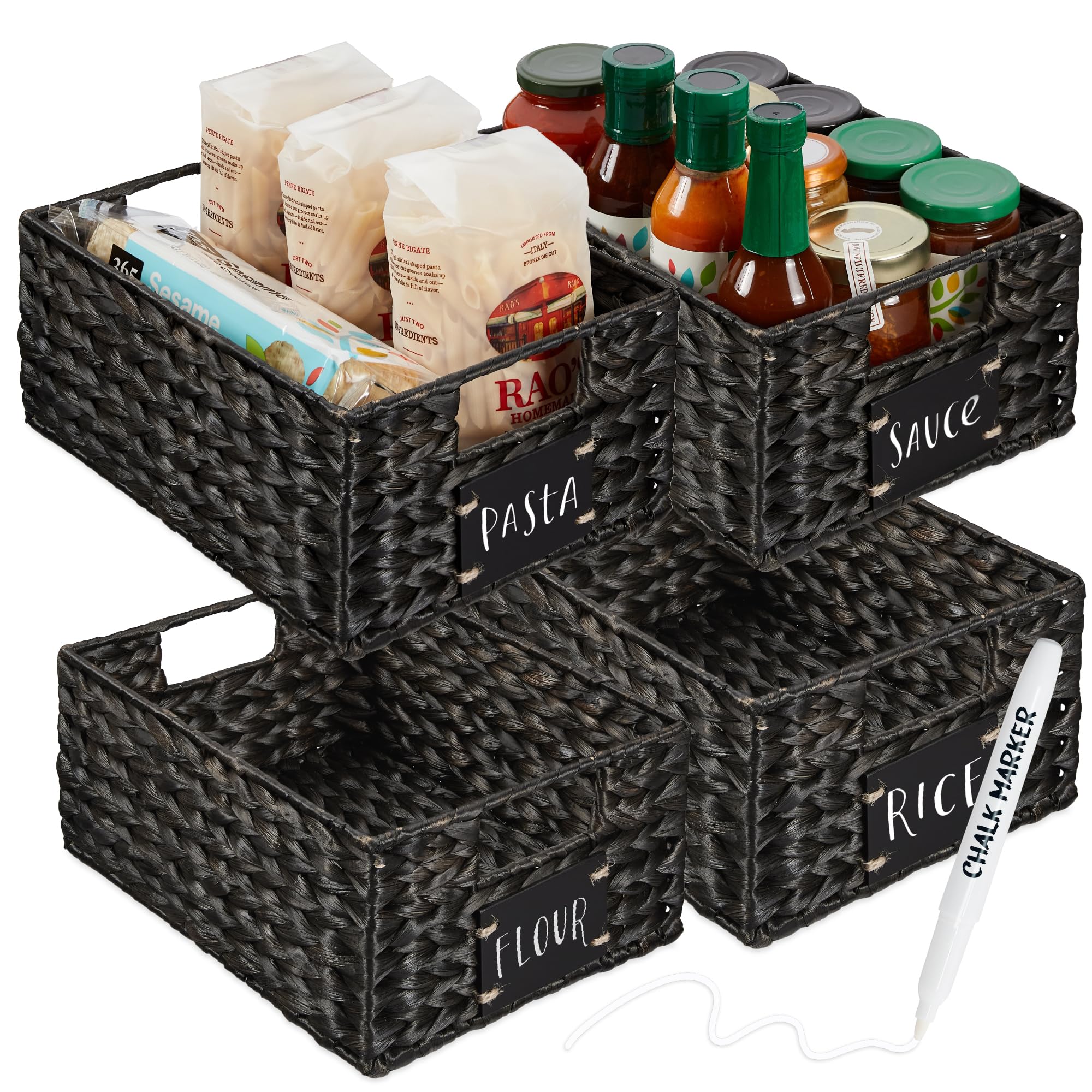 Best Choice Products Set of 4 9x12in Water Hyacinth Pantry Baskets, Woven Organizers w/Chalkboard Label, Chalk Marker - Black