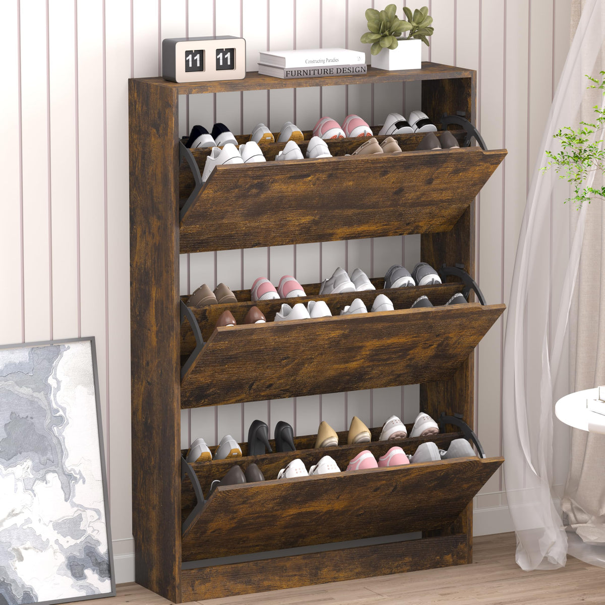 Bornoon Shoe Cabinet With 3 Flip Drawers, Hidden Wood Shoe Cabinet,Freestanding Shoe Storage Cabinet For Entryway Hallway