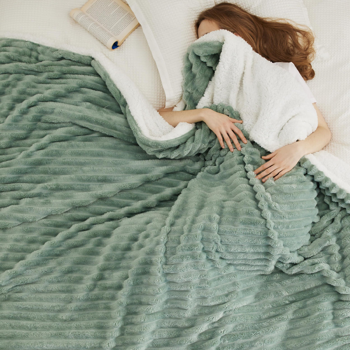 Bedsure Sherpa Blanket Queen Size, 90x90 Inches, Sage Green - Super Soft Plush Fleece Blanket for Cozy Winter Warmth