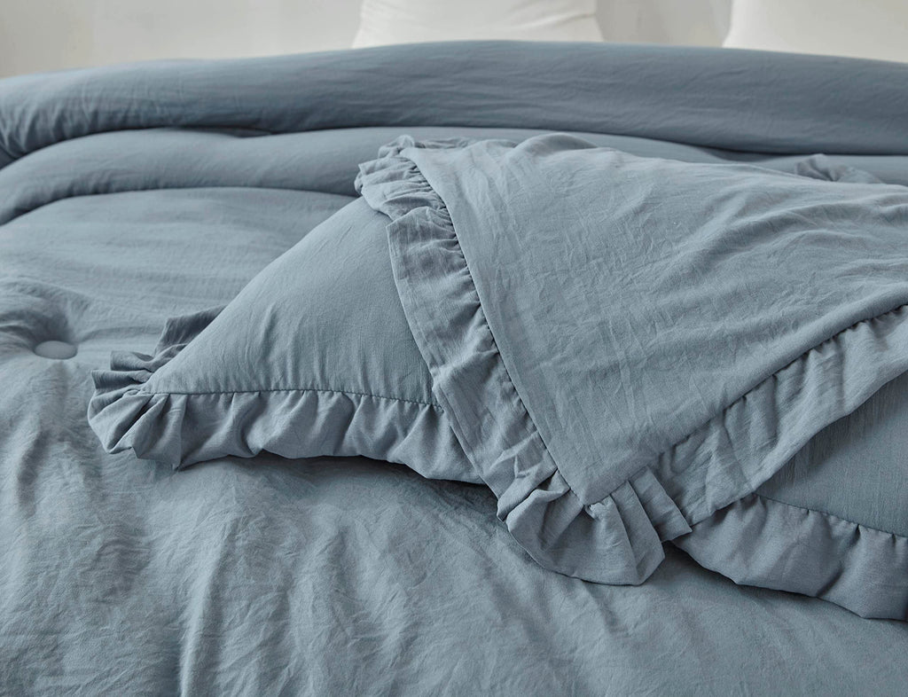 Chezmoi Collection Nora 3-Piece Ruffled Edge Trim Soft Washed Microfiber Comforter Set (Oversized King, Dusty Blue)