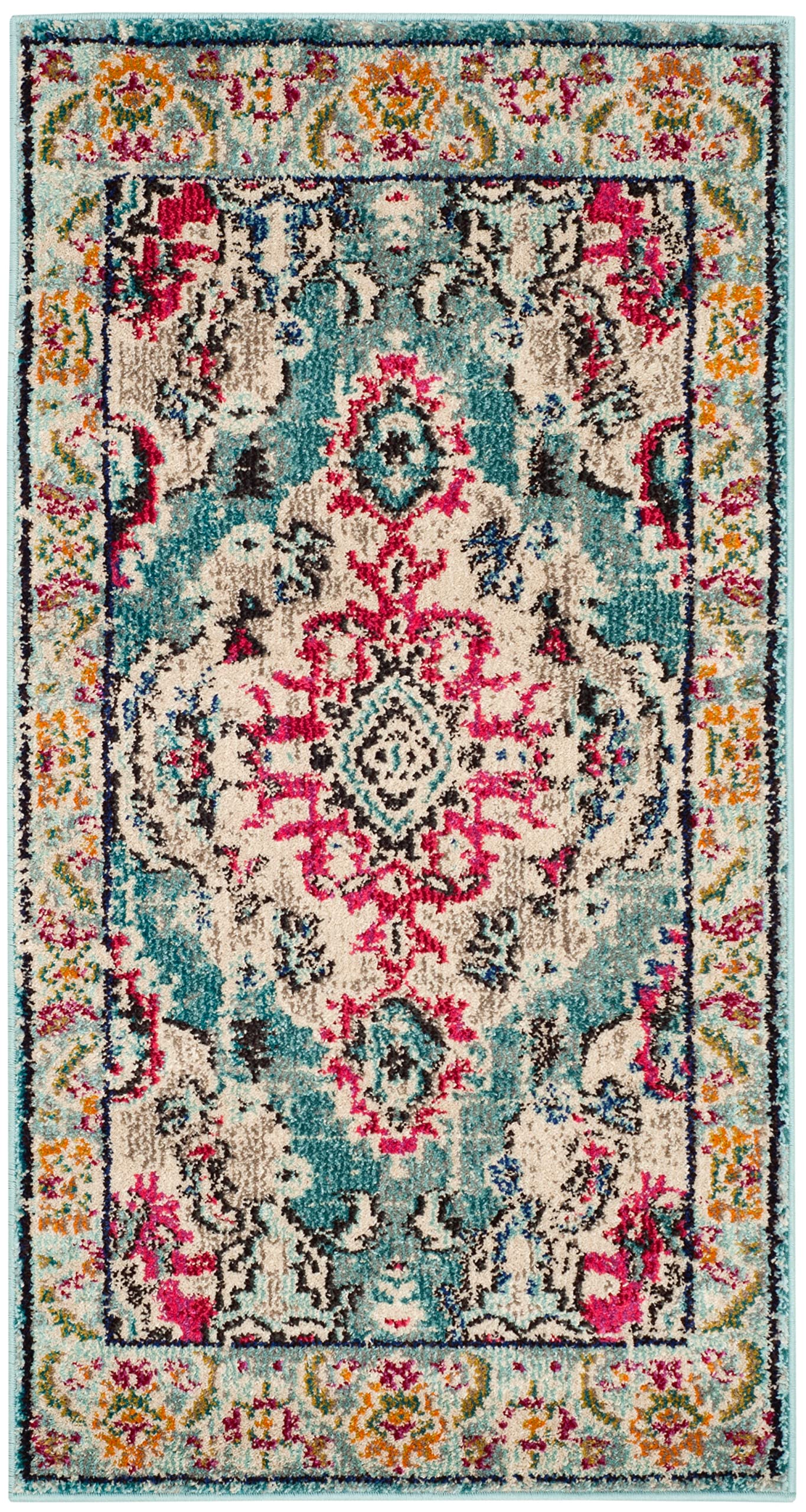 SAFAVIEH Monaco Collection Accent Rug - 22 x 4, Light Blue & Fuchsia, Medallion Distressed Design, Non-Shedding & Easy Care, I
