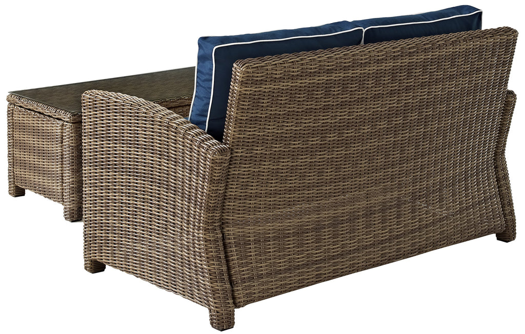 Crosley Furniture Bradenton 2-Piece Wicker Outdoor Coffee Table and Loveseat Patio Furniture Set for Porch, Brown with Navy Cushions
