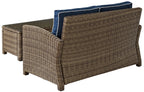 Crosley Furniture Bradenton 2-Piece Wicker Outdoor Coffee Table and Loveseat Patio Furniture Set for Porch, Brown with Navy Cushions