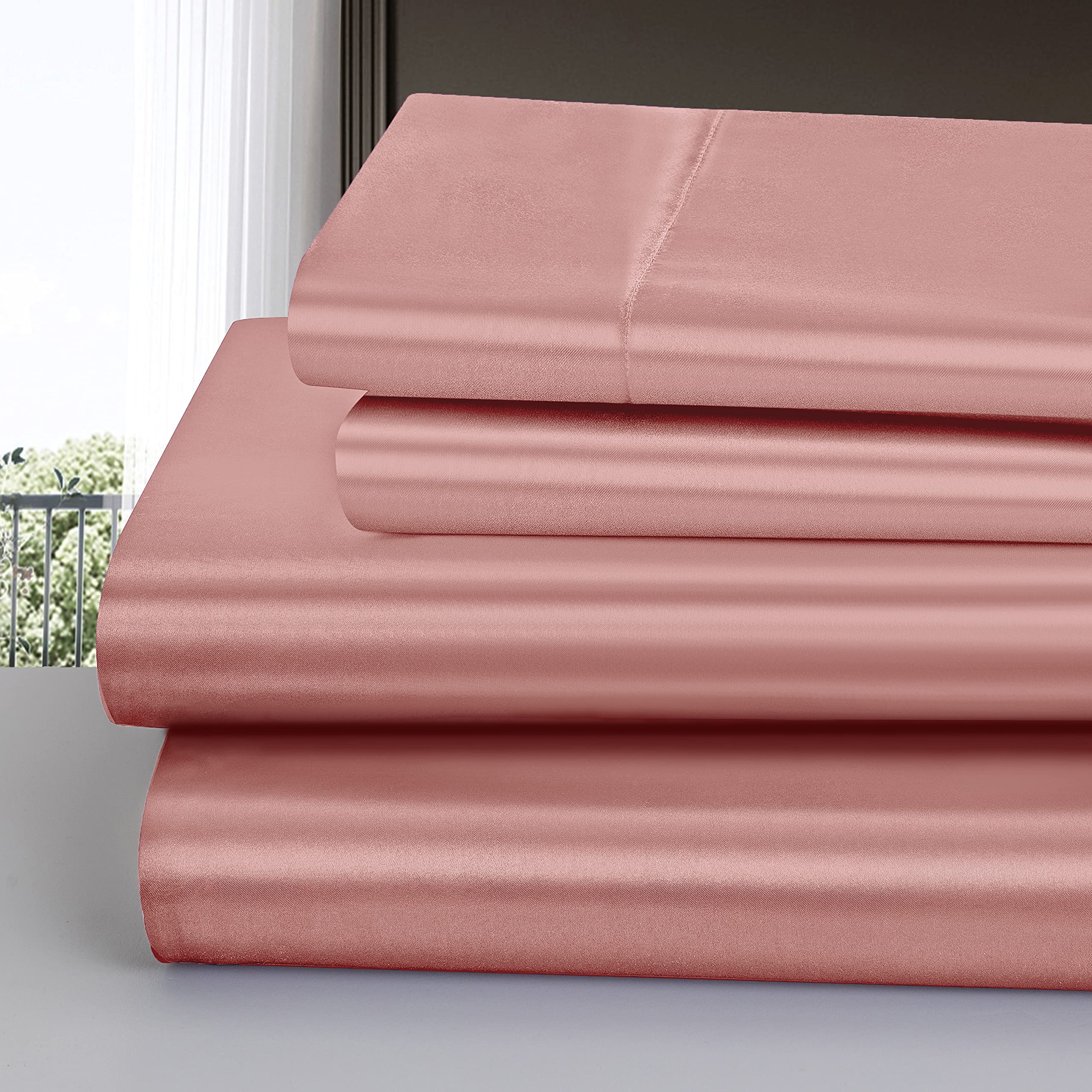 Homiest 4Pcs Satin Sheets Set Luxury Silky Satin Bedding Set With Deep Pocket, 1 Fitted Sheet + 1 Flat Sheet + 2 Pillowcases (Queen Size, Rich Pink)