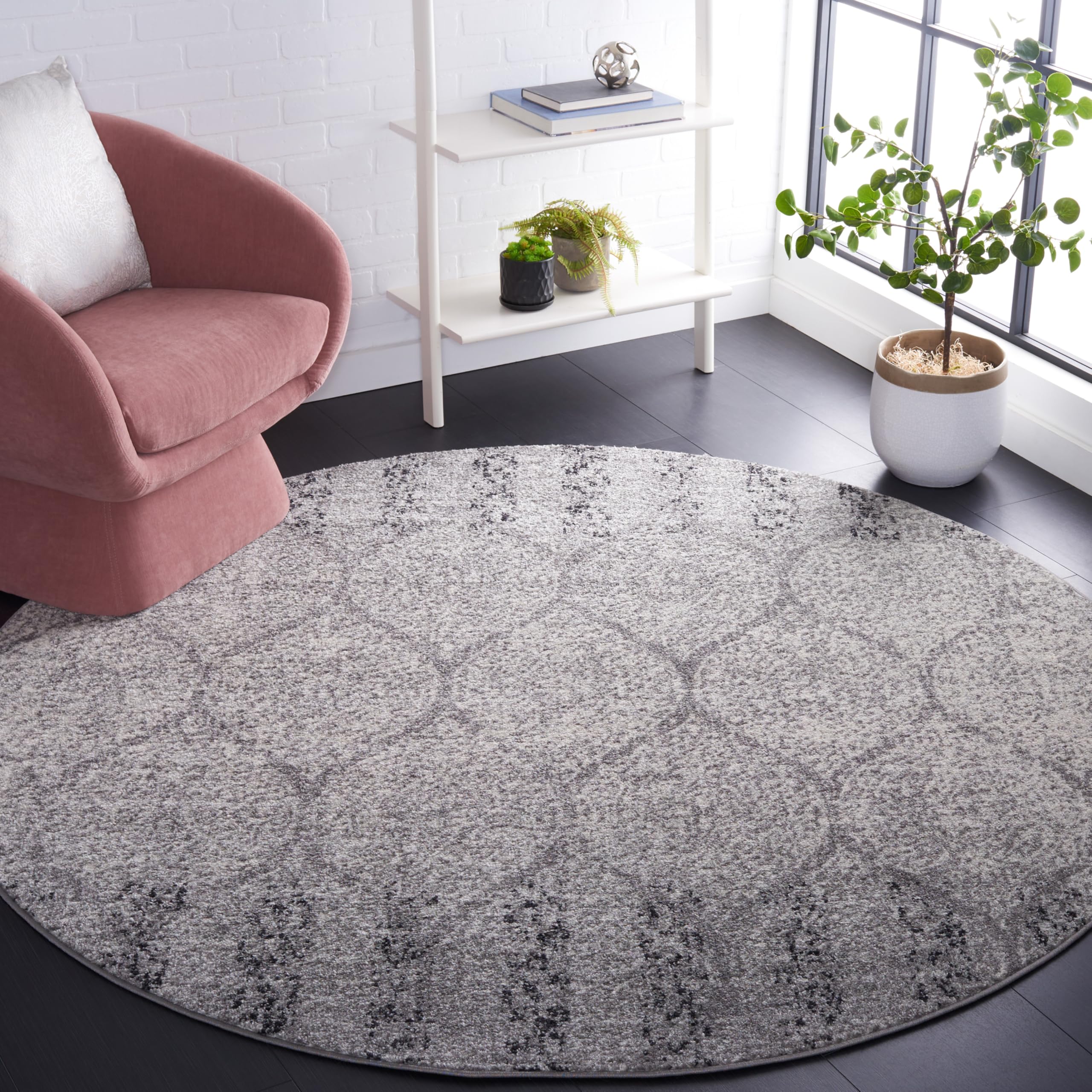 SAFAVIEH Madison Collection Area Rug - 9 Round, Grey & Ivory, Glam Ogee Trellis Distressed Design, Non-Shedding & Easy Care, Id