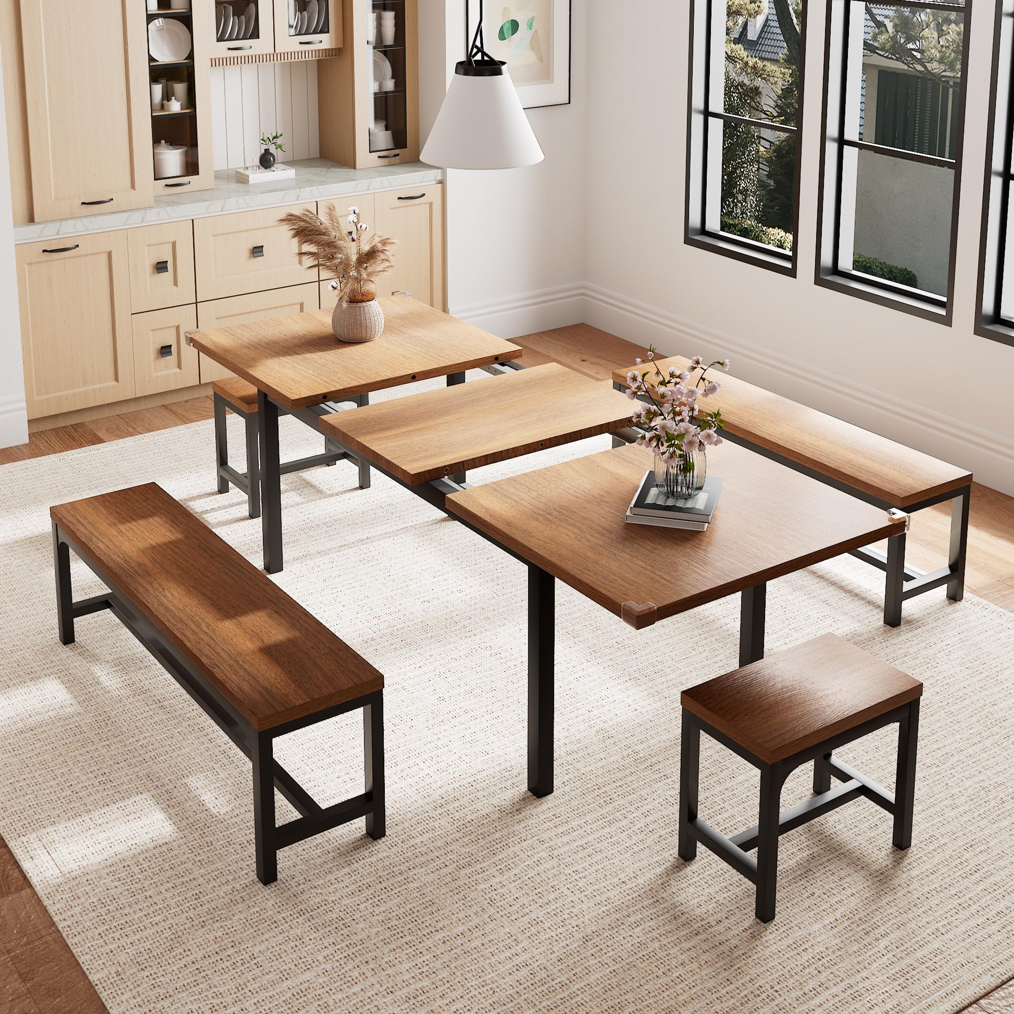 Einhomn 5 Pieces Dining Room Table Set for 4-6, 63 Extendable Kitchen Table Set with 2 Benches & 2 Stools, Small Dining Table Se