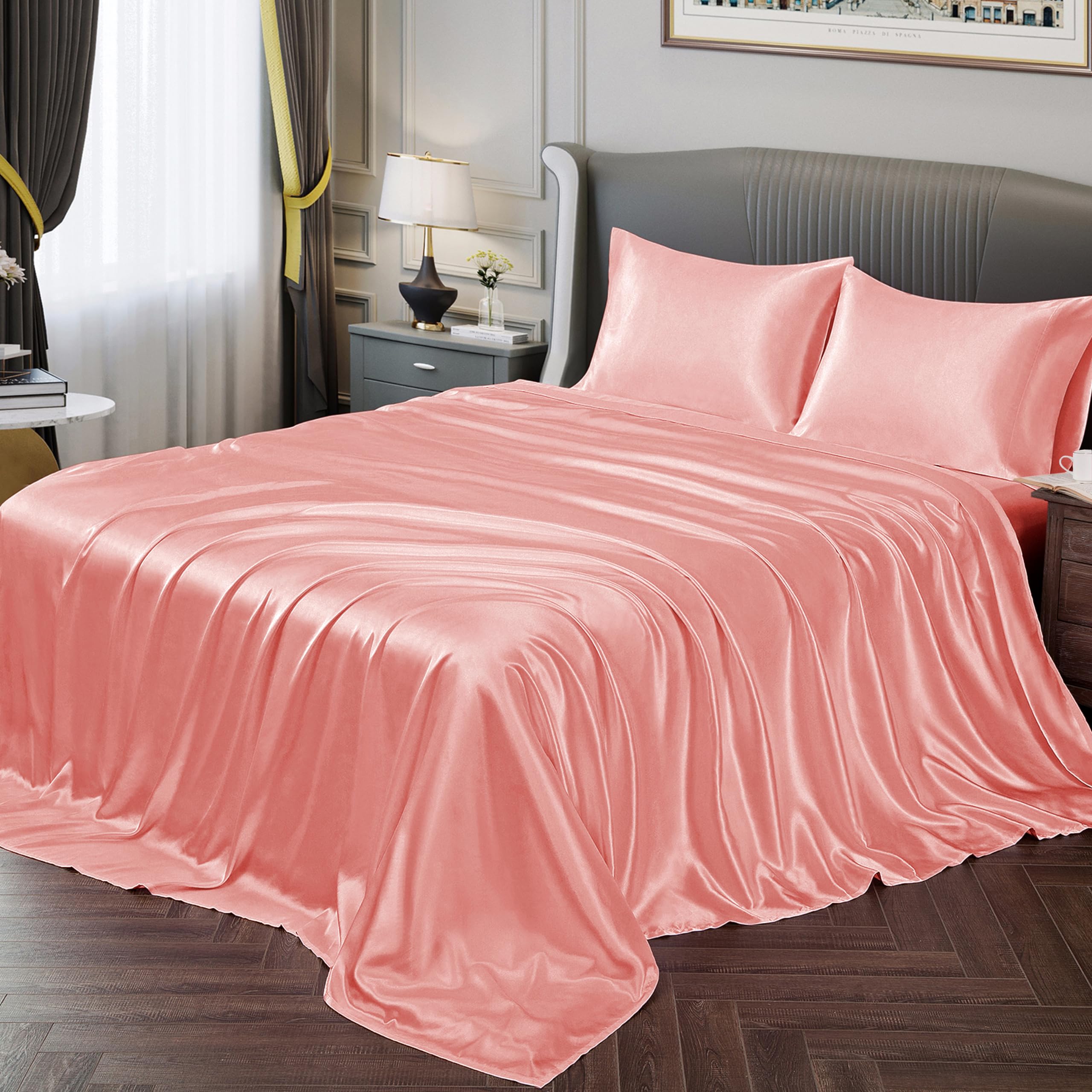 Vonty Satin Sheets Full Size Silky Soft Satin Bed Sheets Blush Pink Satin Sheet Set, 1 Deep Pocket Fitted Sheet + 1 Flat Sheet +