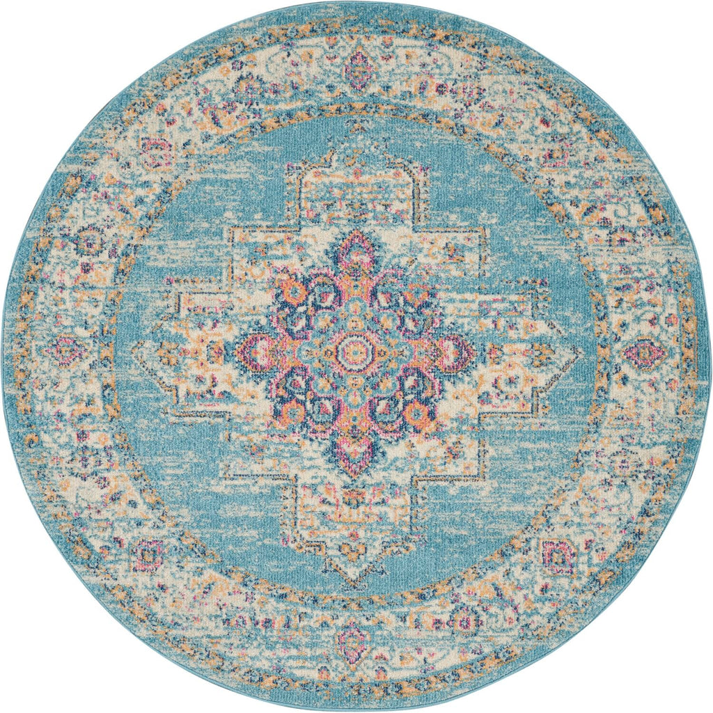 Nourison Passion Light Blue 4' X Round Area Rug, Boho, Traditional, Easy Cleaning, Non Shedding, Bed Room, Living Room, Hallway, (4' Round)