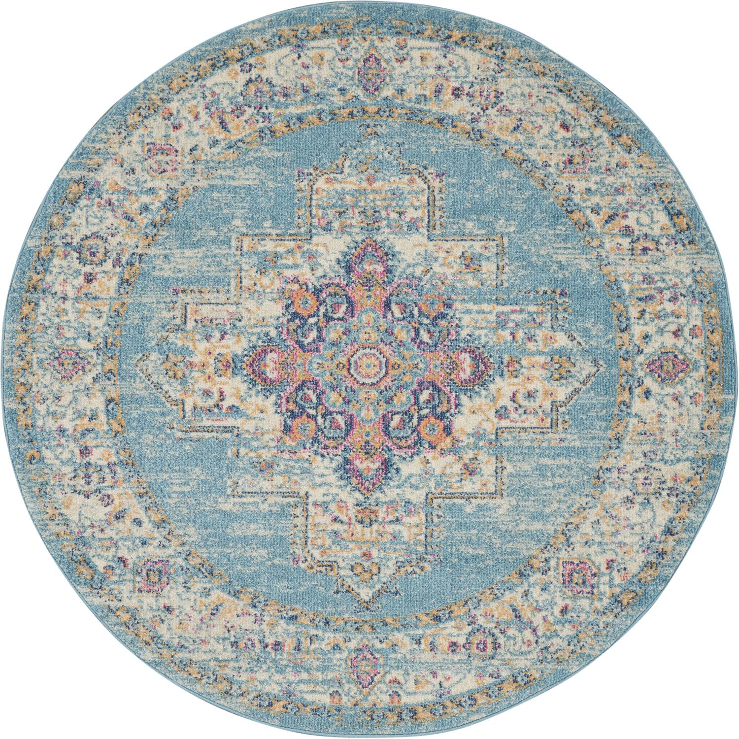 Nourison Passion Light Blue 4' X Round Area Rug, Boho, Traditional, Easy Cleaning, Non Shedding, Bed Room, Living Room, Hallway, (4' Round)
