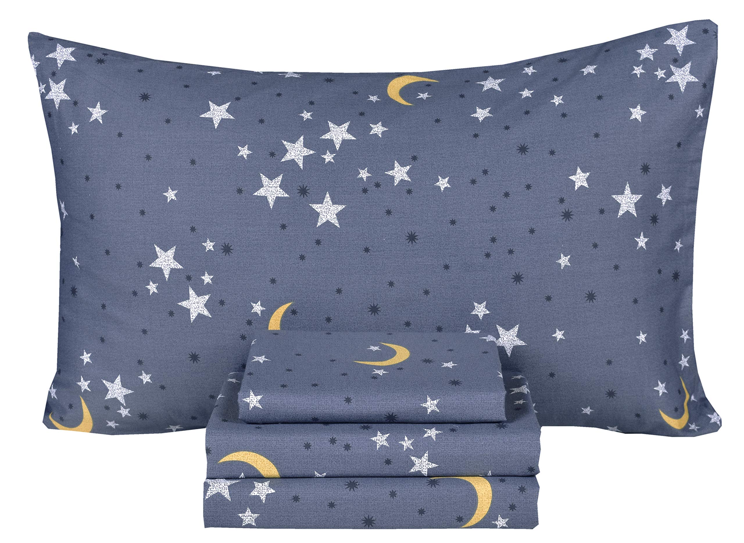 Scientific Sleep Moon & Star Night Sky Teen Kids Boys Girls 100% Cotton Full Bed Sheet Set, Flat Sheet & Fitted Sheet & Pillowca