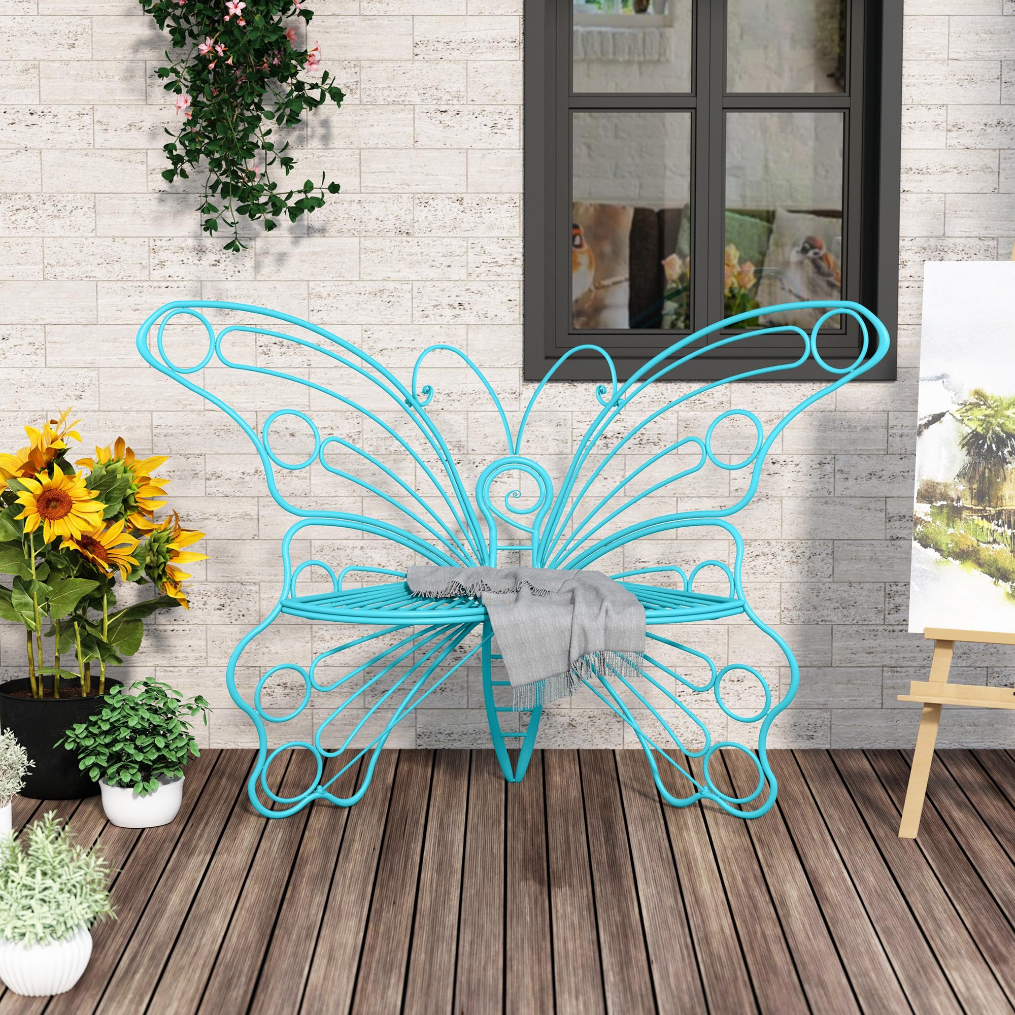 Dibraty 50 Inches Outdoor Bench, Garden Bench With Sturdy Iron Metal Frame, Pretty Butterfly Bench Front Porch Bench For Porch,L