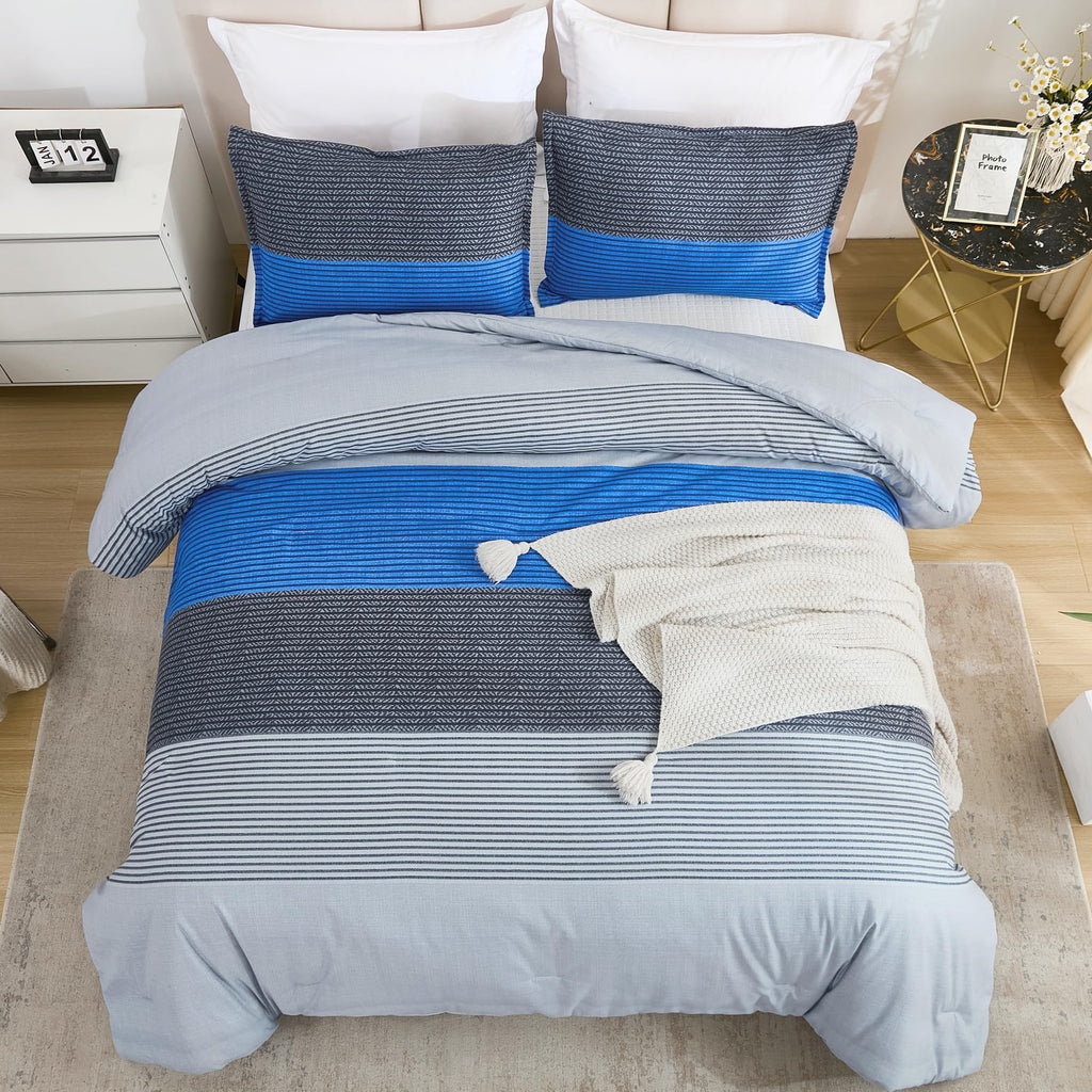 Litanika Bed Comforter Queen Set Grey Blue, Striped Bedding Comforter Set, 3 Pieces Lightweight Soft All Season Down Alternative