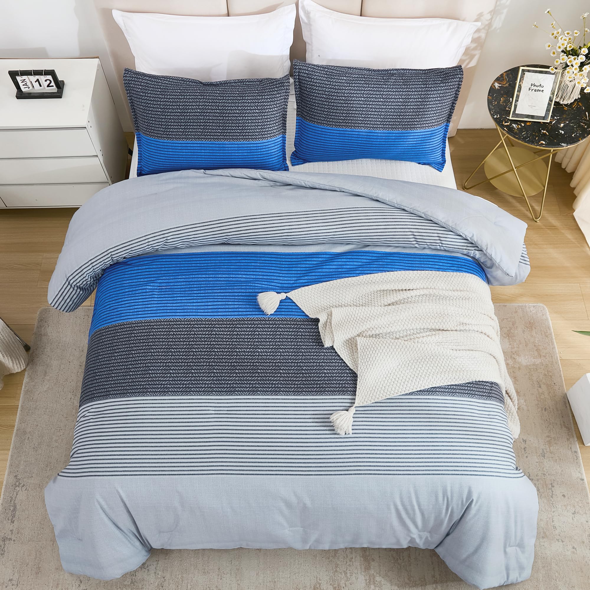 Litanika Bed Comforter Queen Set Grey Blue, Striped Bedding Comforter Set, 3 Pieces Lightweight Soft All Season Down Alternative