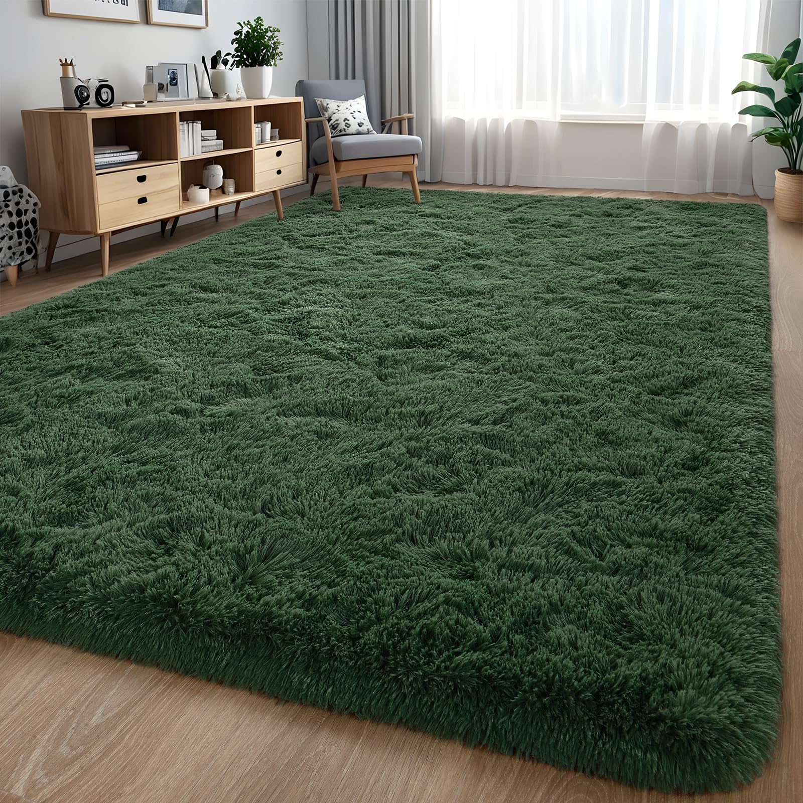 Larhom Fluffy Area Rugs for Living Room Bedroom, 5x8 Dark Green Ultra Soft Plush Fuzzy Rug, Anti-Skid Indoor Carpet Nursery Rugs