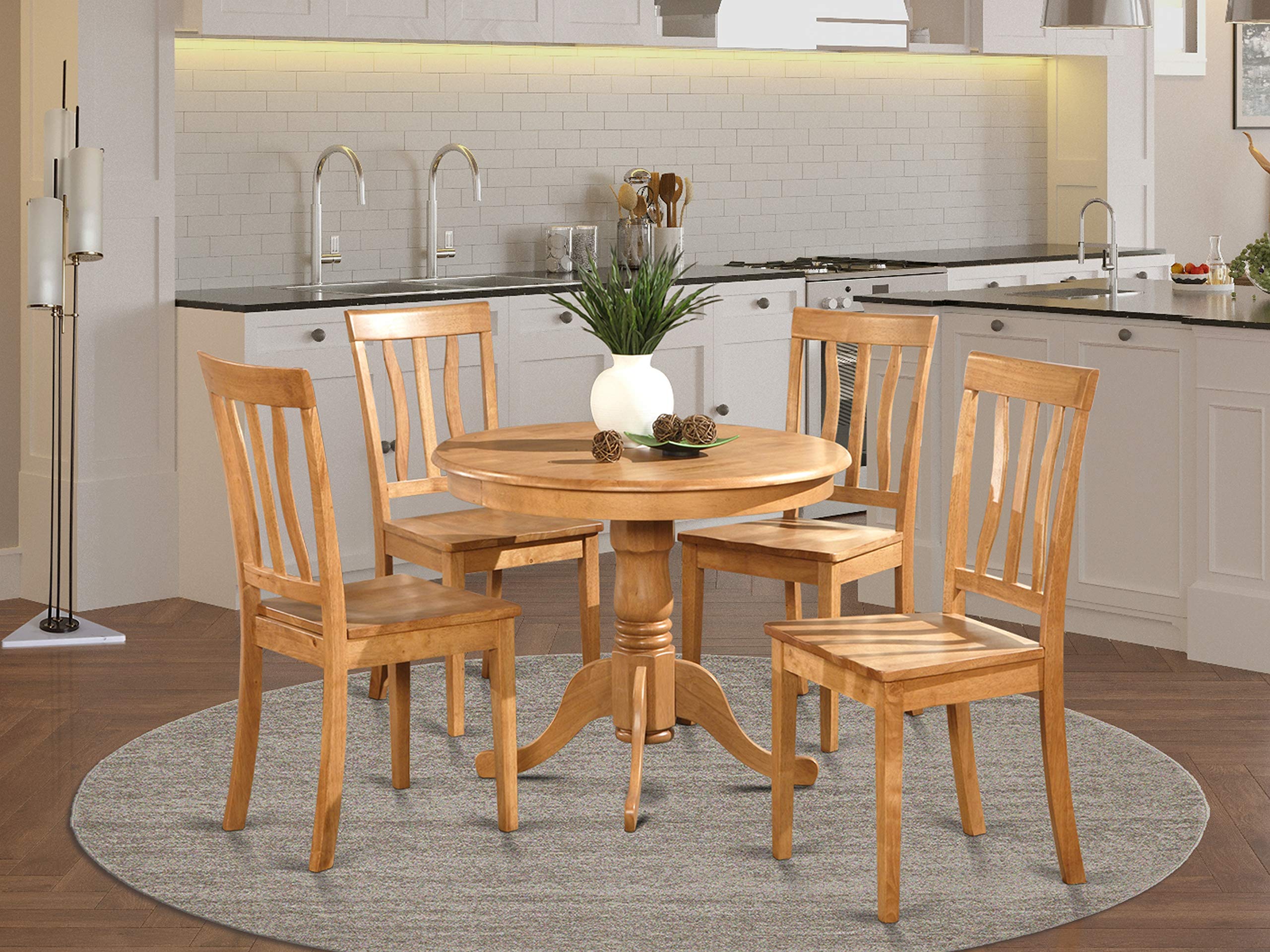 East West Furniture ANTI5-OAK-W 5 Piece Dining Room Table Set Includes a Round Wooden Table with Pedestal and 4 Kitchen Dining Chairs, 36x36 Inch, Oak